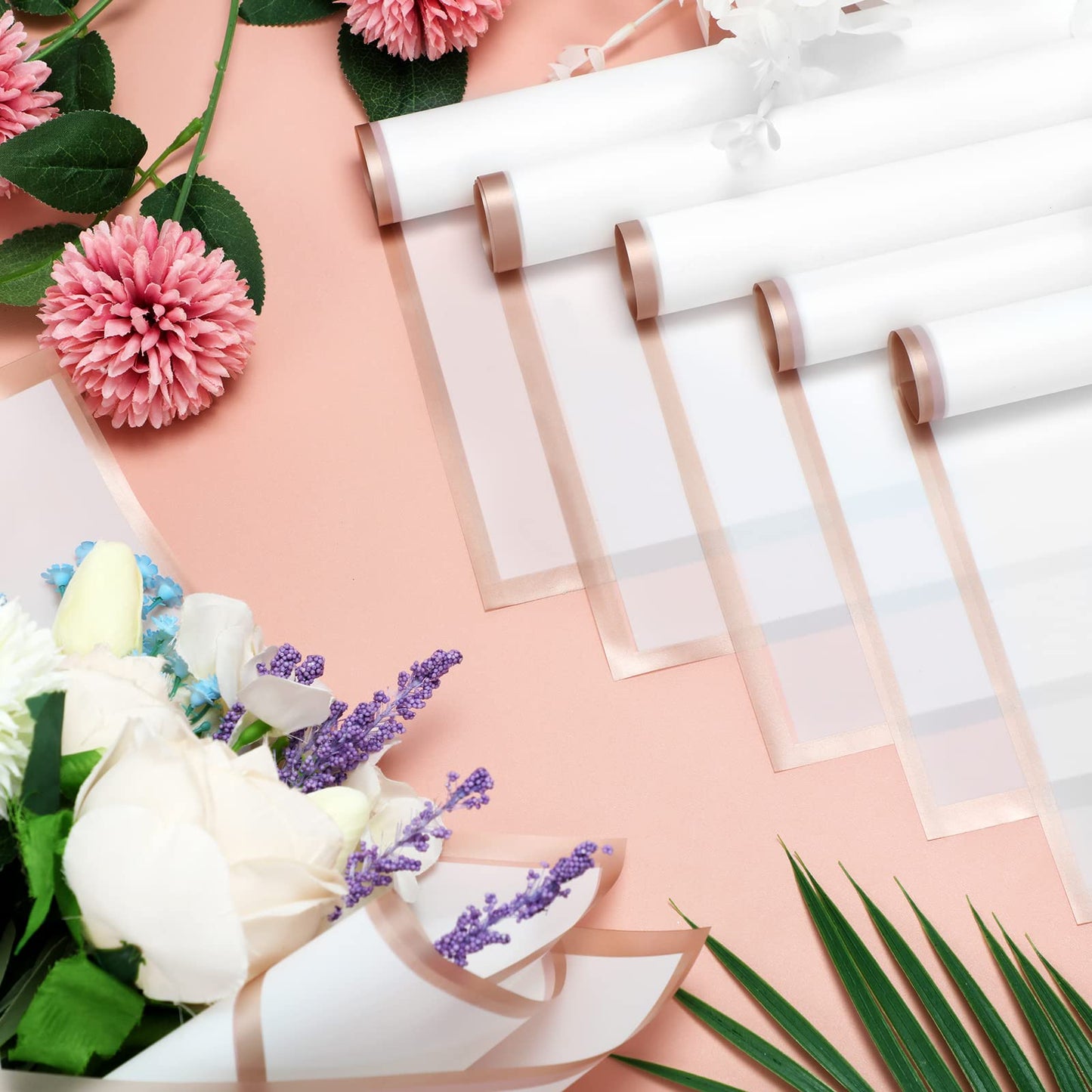 Fainne 40 Pcs Mothers Day Flower Bouquet Wrapping Papers Waterproof Floral Wrapping Paper with Gold Edge Florist Floral Bouquet for DIY Florist Supplies, 22.8 x 22.8 in(White)