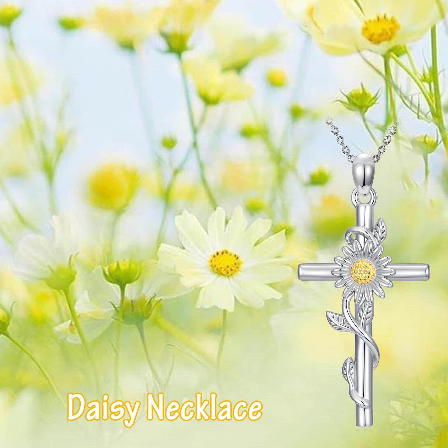 YYB Daisy Cross Necklace 925 Sterling Silver Daisy Gifts for Women Dainty Silver Cross Necklace Christian Religious Gifts for Women Mothers Day Gifts