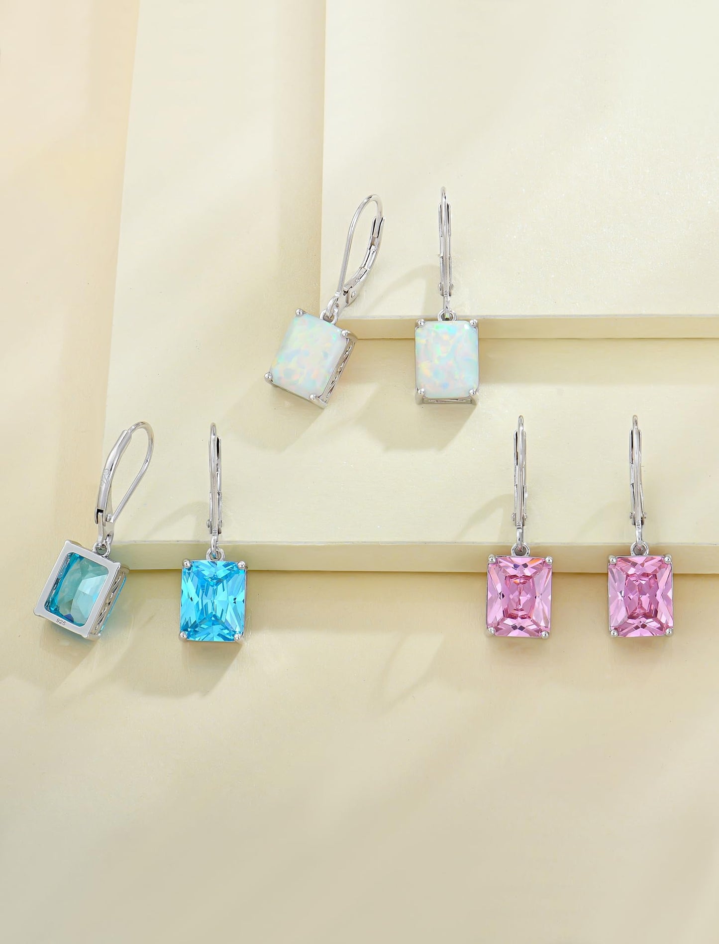 YL Solitaire Dangle Drop Earrings 925 Sterling Silver Leverback Earrings 8X10MM Square Created Sapphire Jewelry