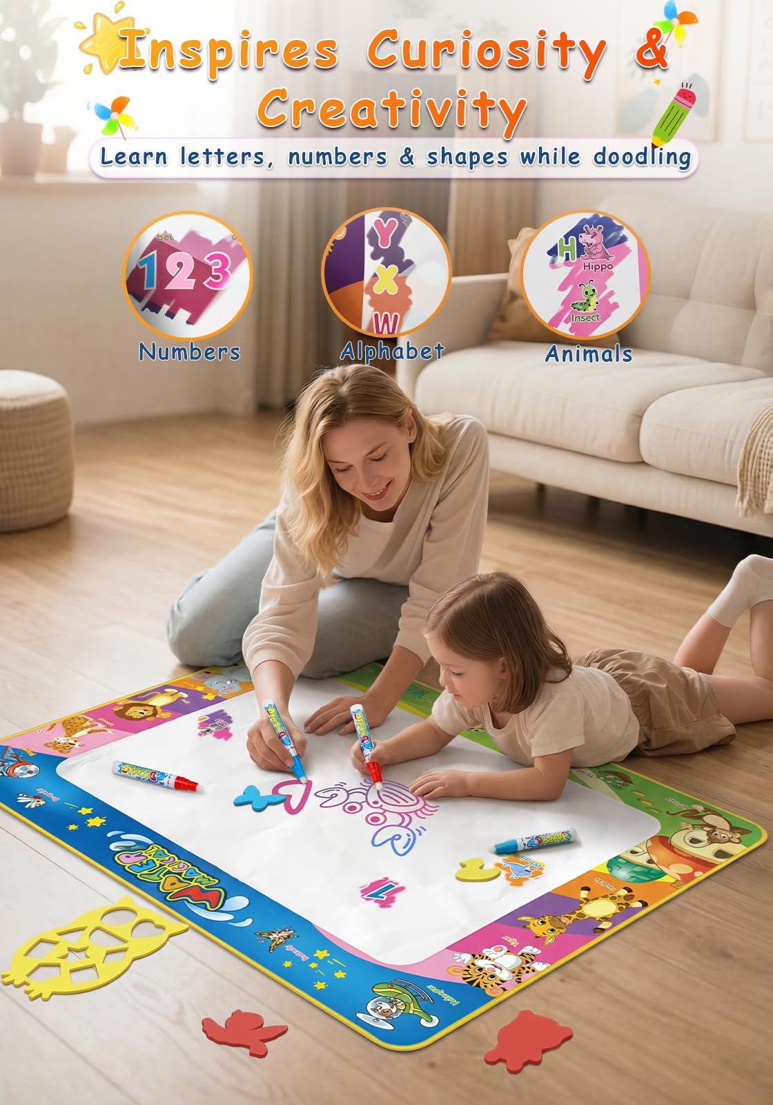 Toddler Toys Water Doodle Mat: 40 X 30 Inch Mess Free Coloring & Drawing Instant Drying Mat - Kids Learning Toys for Girls Age 3-5 Home Educational Activities - Birthday/Christmas Gifts for Girls Boys