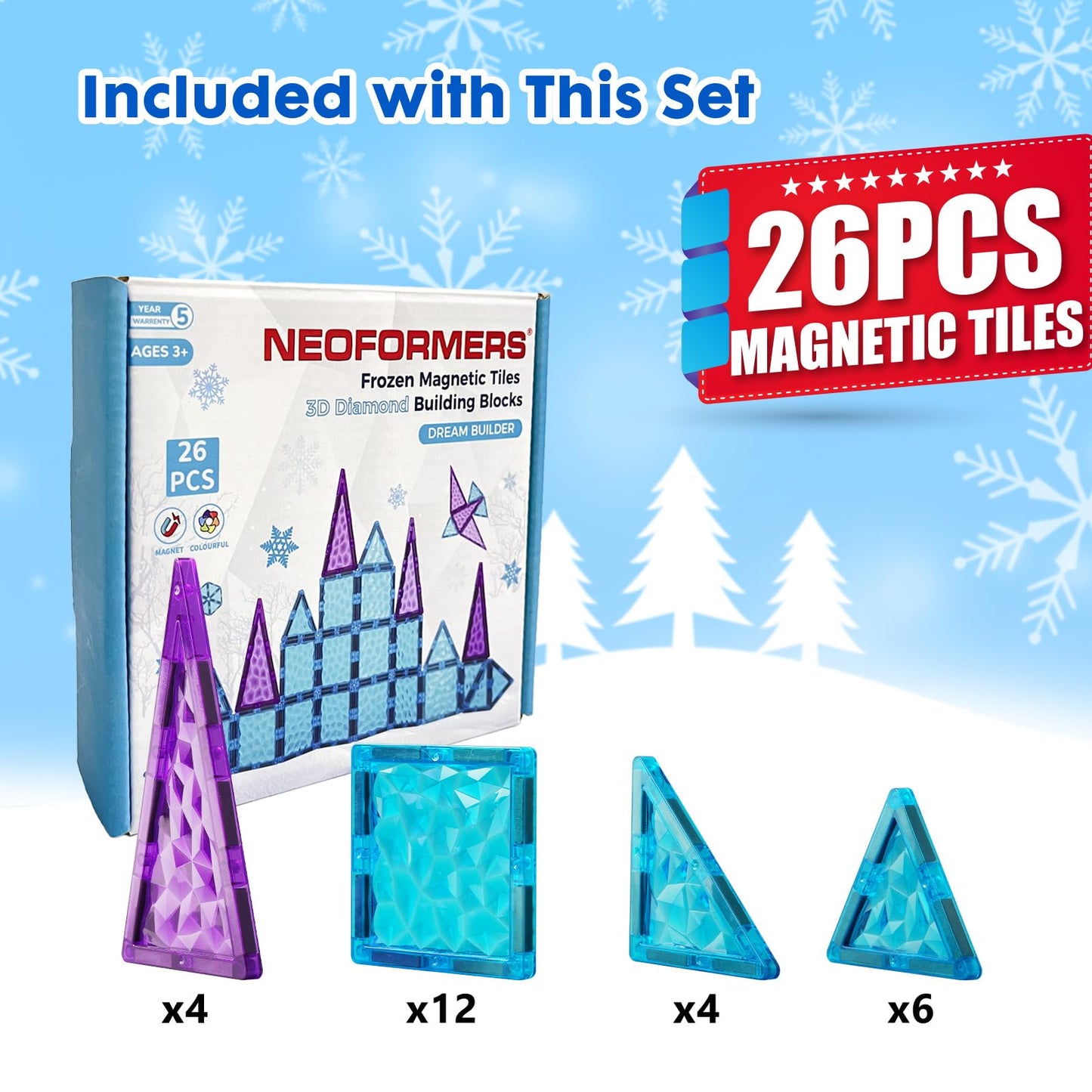 NEOFORMERS Magnetic Tiles 26 pcs Frozen Castle Magnetic Tiles - 3D Diamond Building Blocks, STEM Educational Kids Toys for Pretend Play, Birthday Gifts Montessori Sensory Educational Magnet Toys