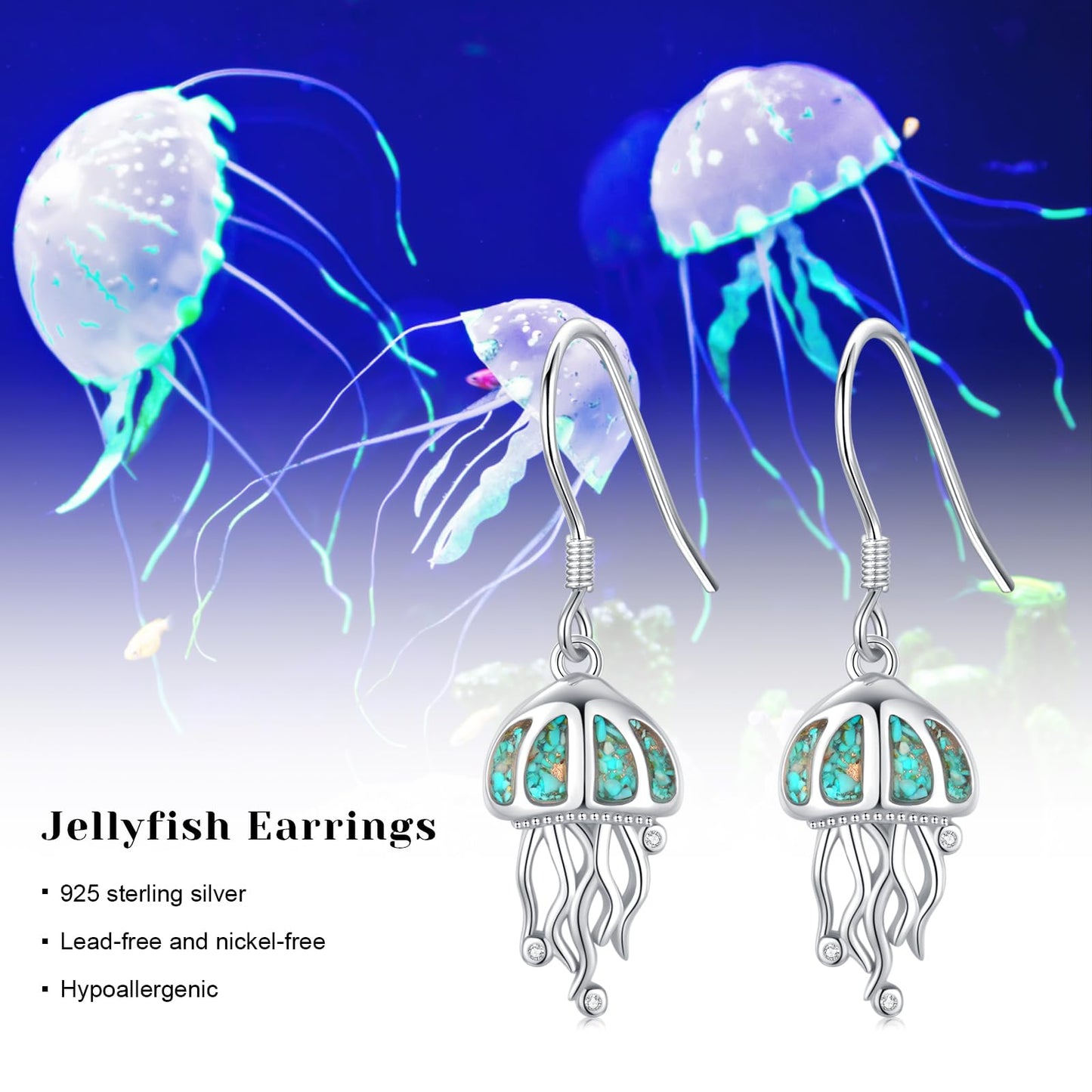 Jellyfish Earrings for Women 925 Sterling Silver Turquoise Jellyfish Dangle Drop Earrings Beach Themed Ocean Jewelry Gifts for Friends