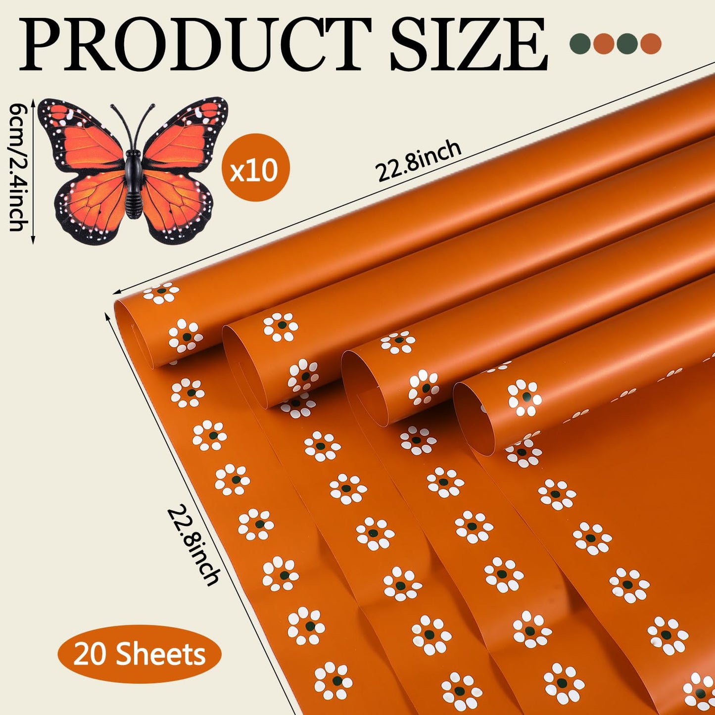 Fullhawl 20 Sheet Mexican Bouquet Floral Wrapping Paper with 10 Monarch Butterflies Waterproof Wrap for Mother's Day Wedding Birthday Baby Shower & Cinco de Mayo Party Gift Flower DIY Packaging