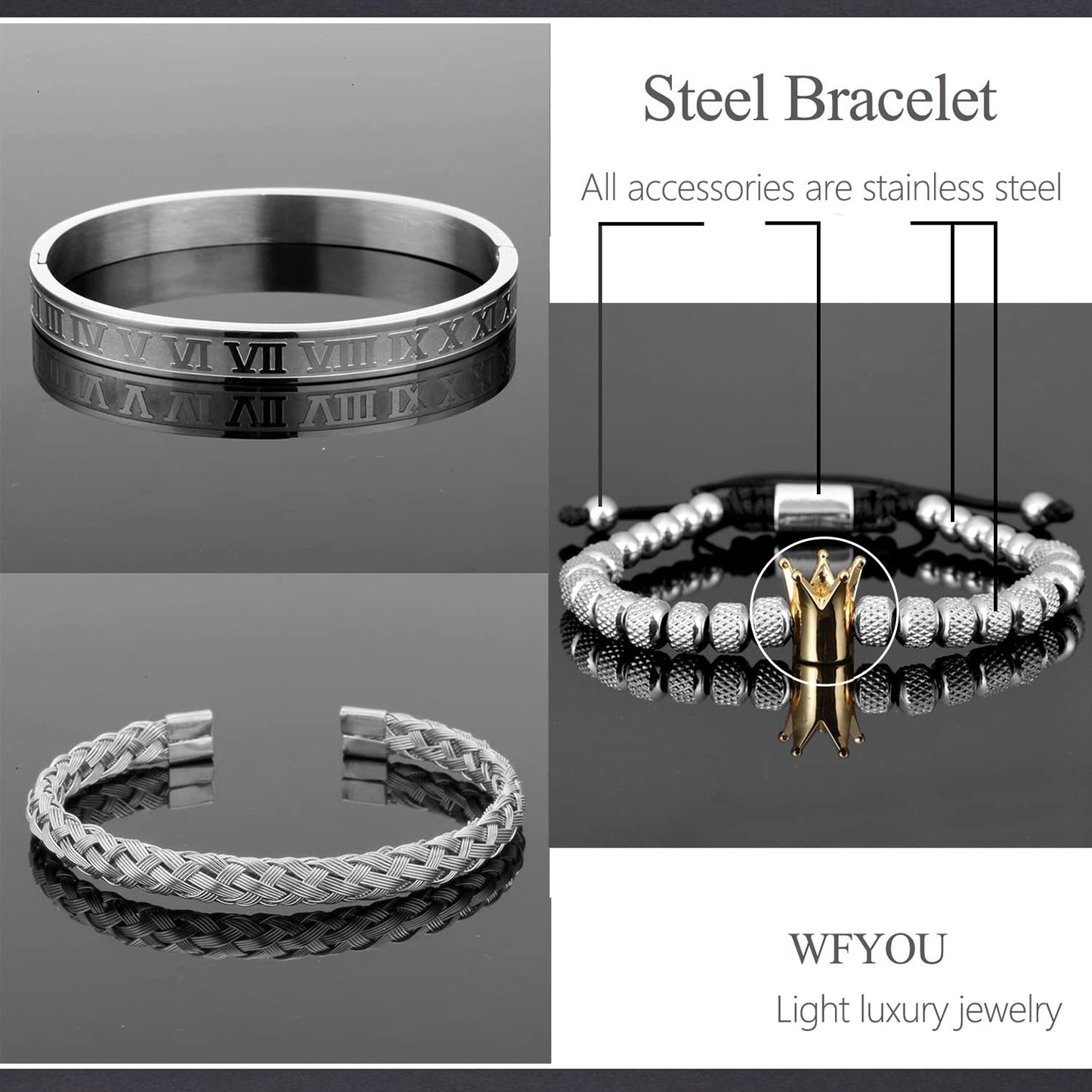 WFYOU 3PCS Stainless Steel Bracelets for Men Gold Roman Numeral Bangle Bracelet Twisted Cable Bracelet Adjustable Cuff Bracelet Mens Luxury Jewelry Bracelets Gifts(B:Silver&Gold- Crown)