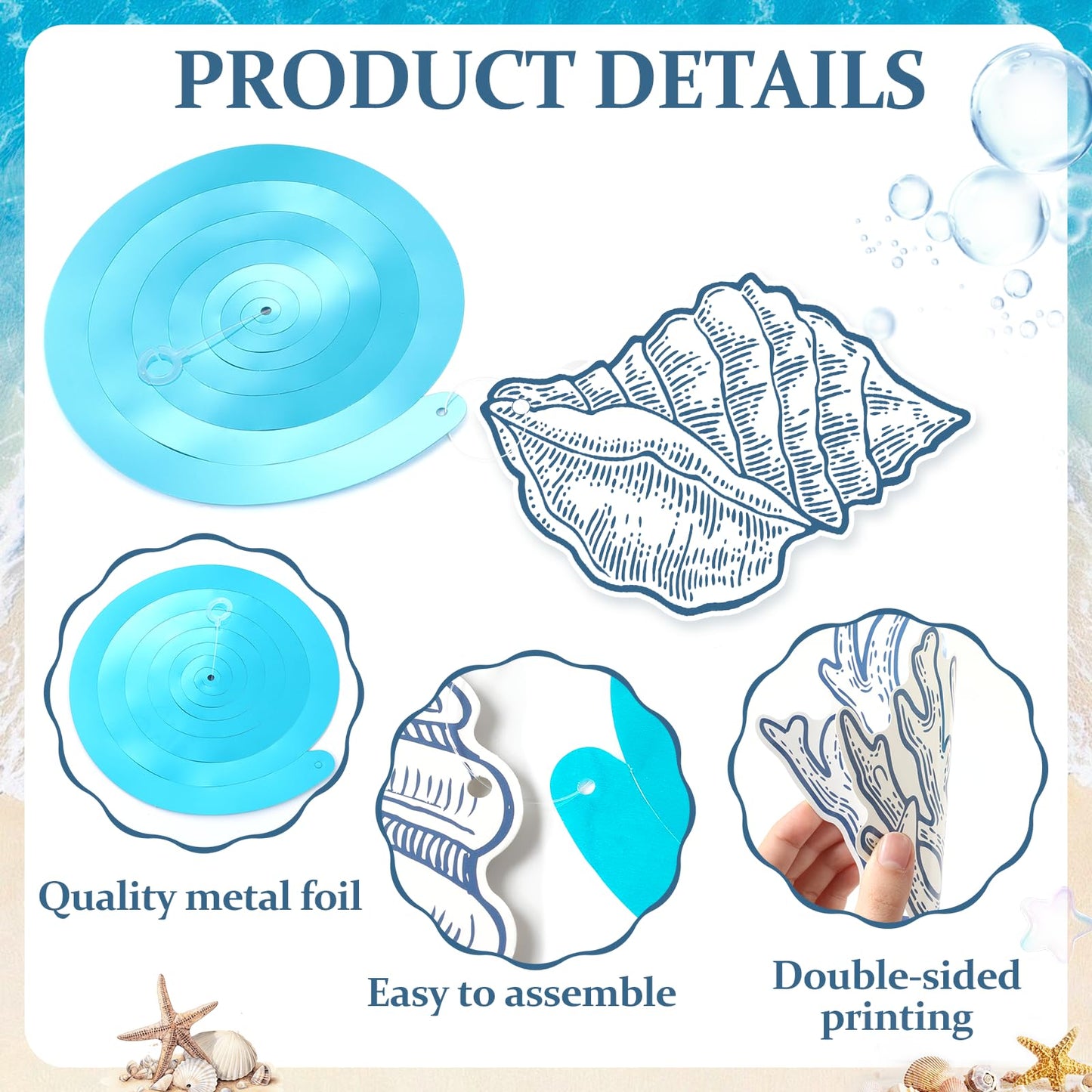 60PCS Blue Bow Starfish Seashell Hanging Swirls Beach Party Decoration Coastal Hanging Streamers for Summer Mermaid Birthday Under the Sea Party Bachelorette Wedding Favors