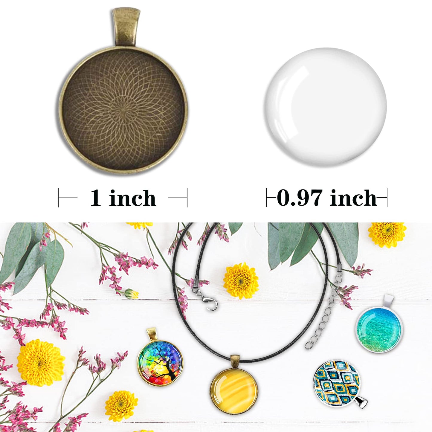Csdtylh 210Pcs Pendant Trays Kit, Bezel Pendant Trays Charms Bulk with Glass Cabochon and Necklace Cords Set for Homemade Necklaces, Jewelry Making, DIY Crafts, Resin Art and Paint Pour Skins