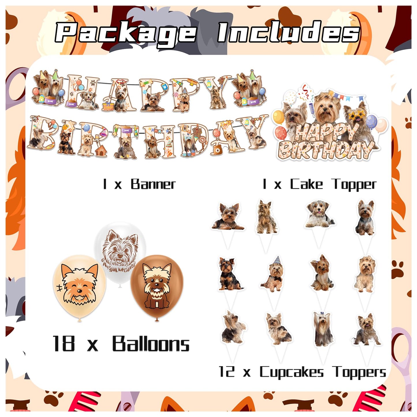 Yorkshire Terrier Birthday Party Decorations Yorkie Party Supplies Kit with Banner, Cake Topper, Cupcake Topper, Balloons for Yorkshire Terrier Decoration Dogs Party