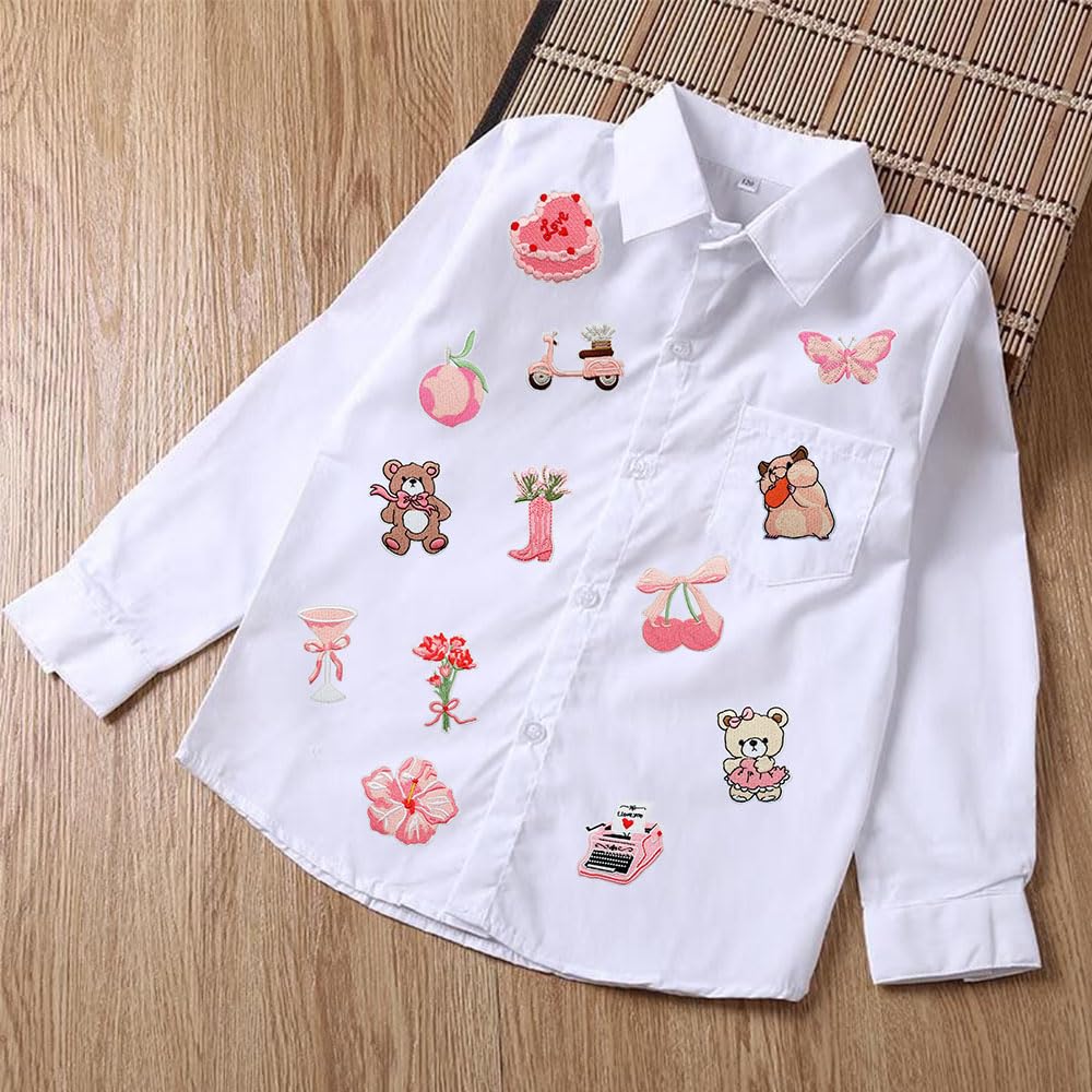 20 PCS Girls Pink Sweet Taste Iron on Patches Funny Embroidered Applique Sew on Patches for Backpacks Pants Clothes Vests Coat Uniforms Dress Hat DIY Decoration Bags Jackets Jeans