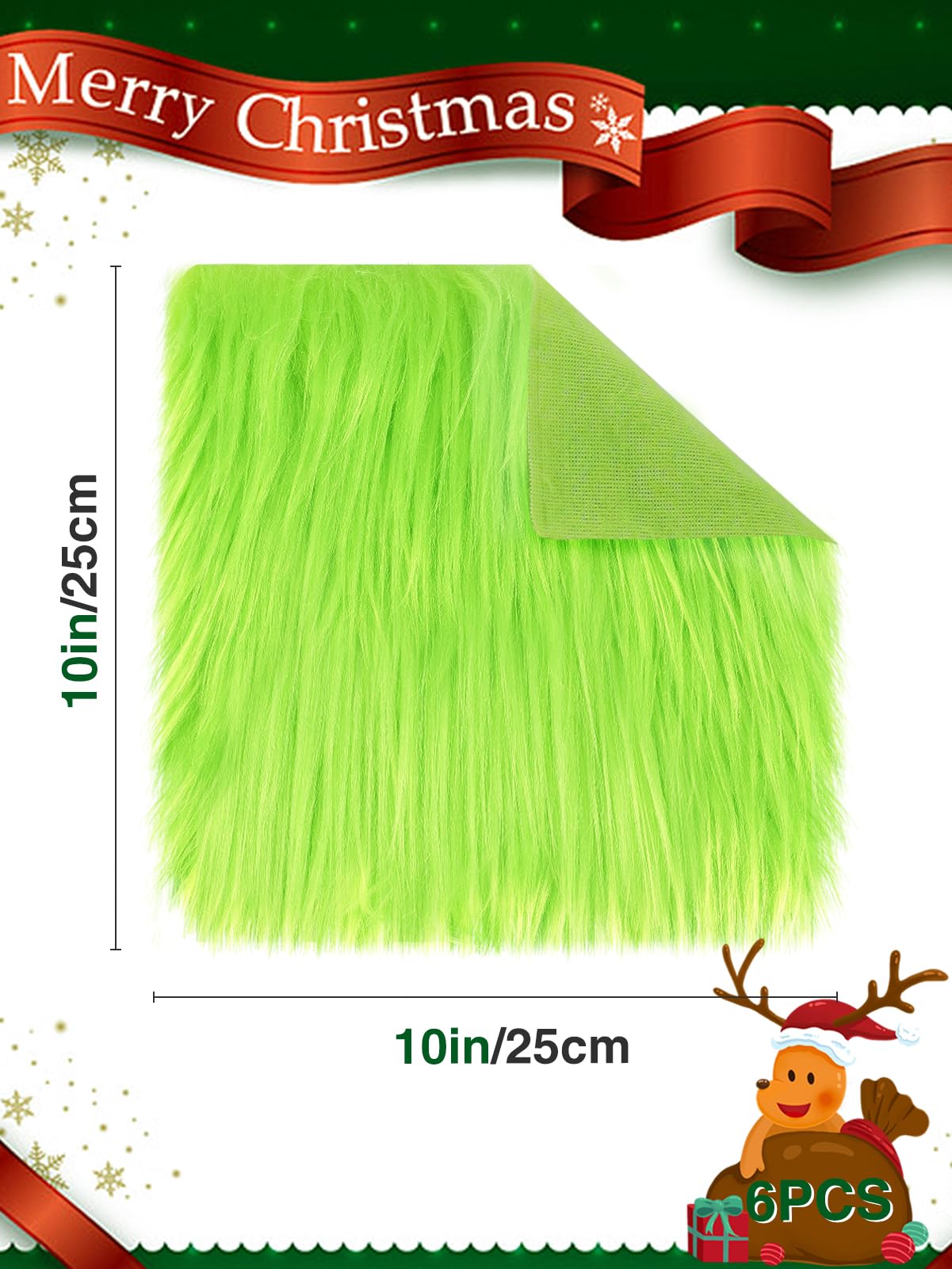 6 Pcs Green Faux Fur Fabric- 10"×10" Shaggy Fur Square Patches, Fluffy Warm Plush Fur Cuts for DIY Crafts Sewing Costume Rugs Pillows Cushion Pad Chair Cover Christmas Gnomes Decors
