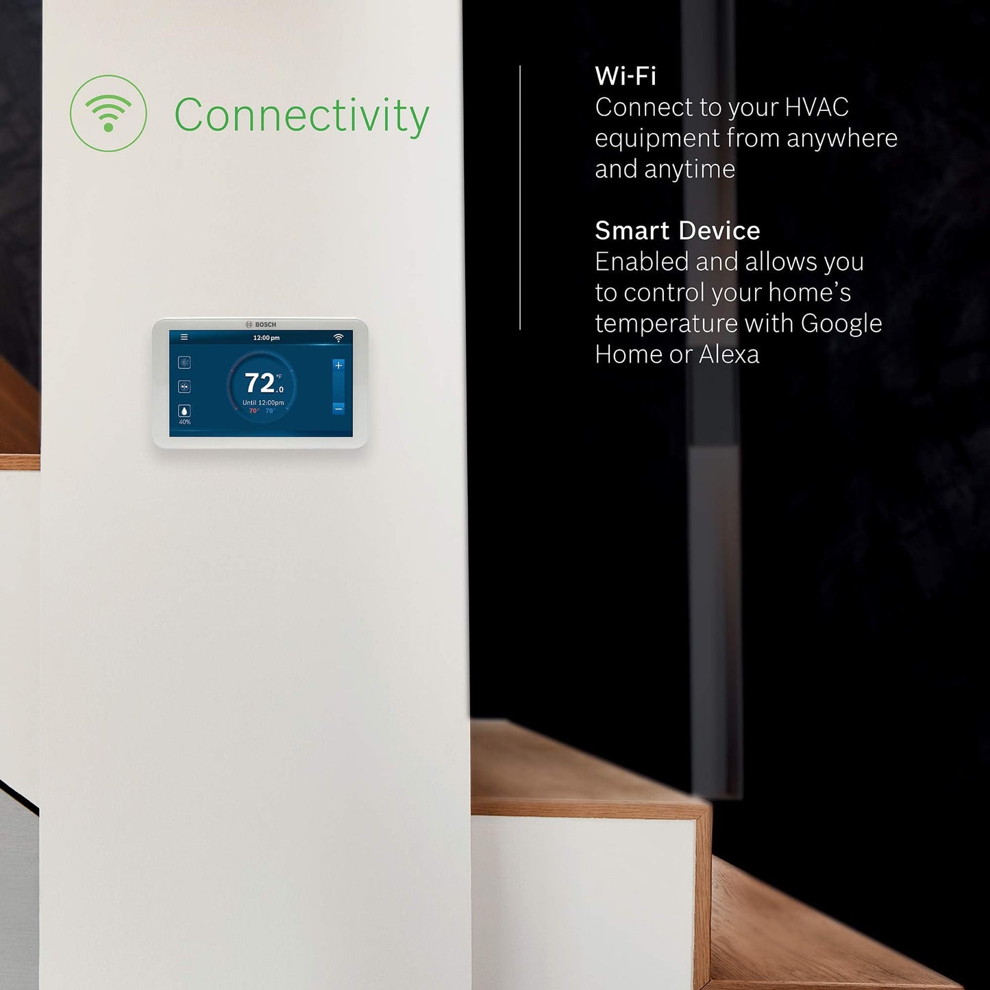 Bosch Large 5-Inch Full-Color Touch Screen Sleek Easy Setup Connected Control Smart Phone Wi-Fi Thermostat for 24V HVAC Systems with Bosch Connected Control App