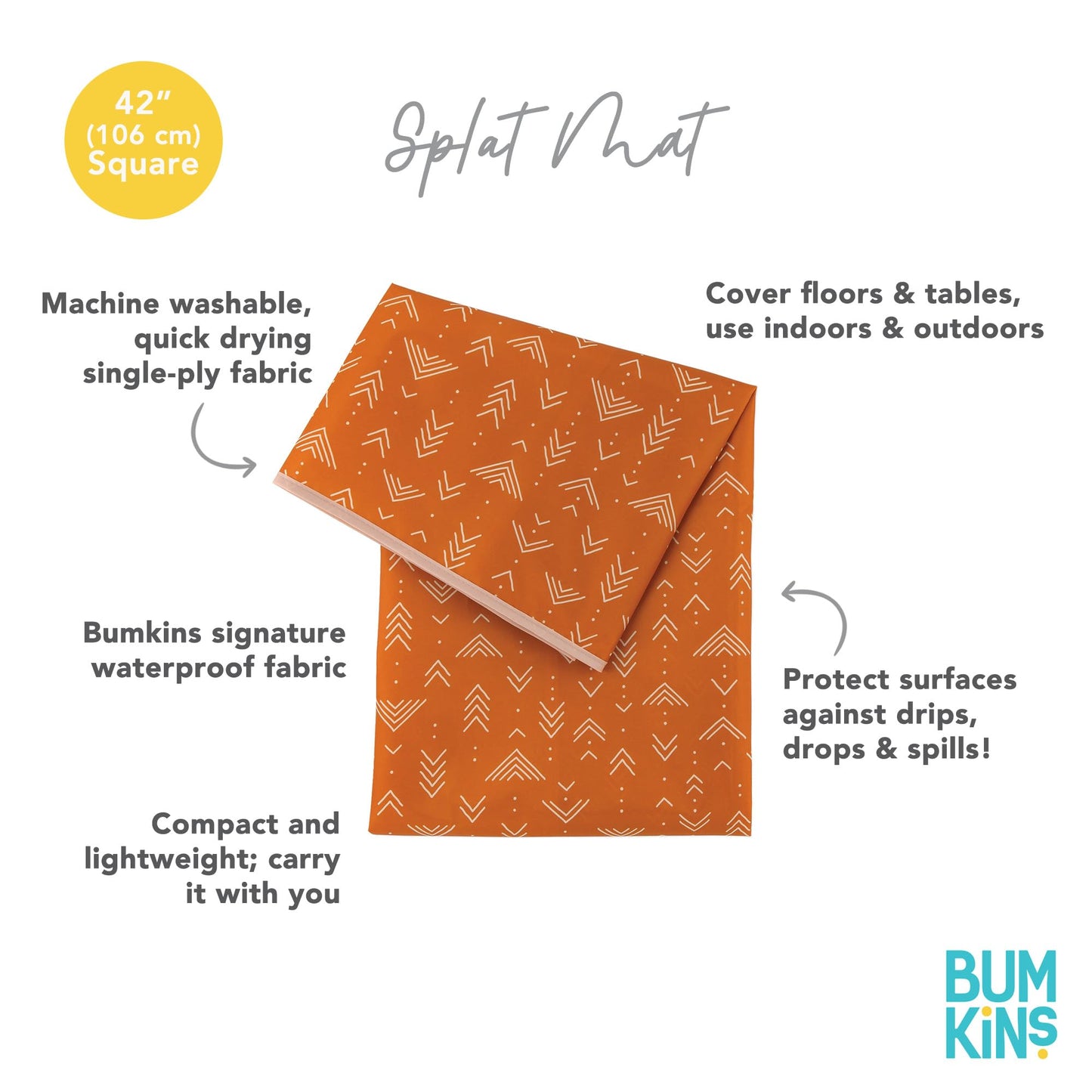 Bumkins Baby Splat Mat for Under High Chair, Babies Toddlers Eating Mess Mat, Waterproof Reusable Cloth for Arts and Crafts, Playtime Mat for Kids, Floors or Tables, Fabric 42inx42in, Boho Orange