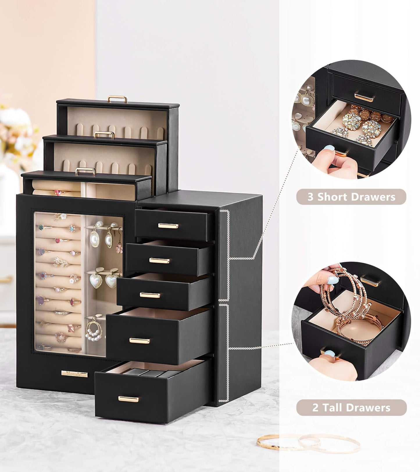 Homde Jewelry Organizer large for Dresser: Big Jewelry Box for Women - Holder with Drawers - Elegent Necklace Earring Ring Display Modern Gift (Black)