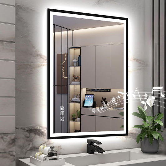 S·BAGNO 28''x20'' LED Bathroom Mirror with Lights, Bathroom Vanity Wall Mirror with Buletooth, Anti-Fog, Stepless Dimmable, 3 Colors, Tempered Glass Lighted Vanity Mirror for Bathroom