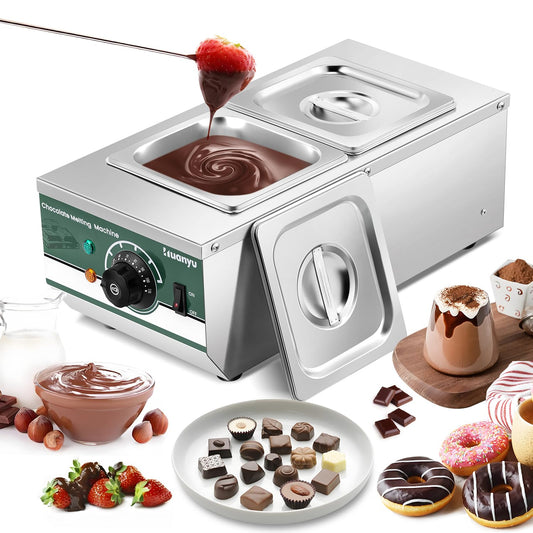 Huanyu Chocolate Tempering Machine 86~230℉ Commercial Electric Melting 2-Pot 6.6LBs Stainless Steel Food Warmer Professional Heated Chocolate Melter with Lid for Catering Restaurant Canteen Home Party