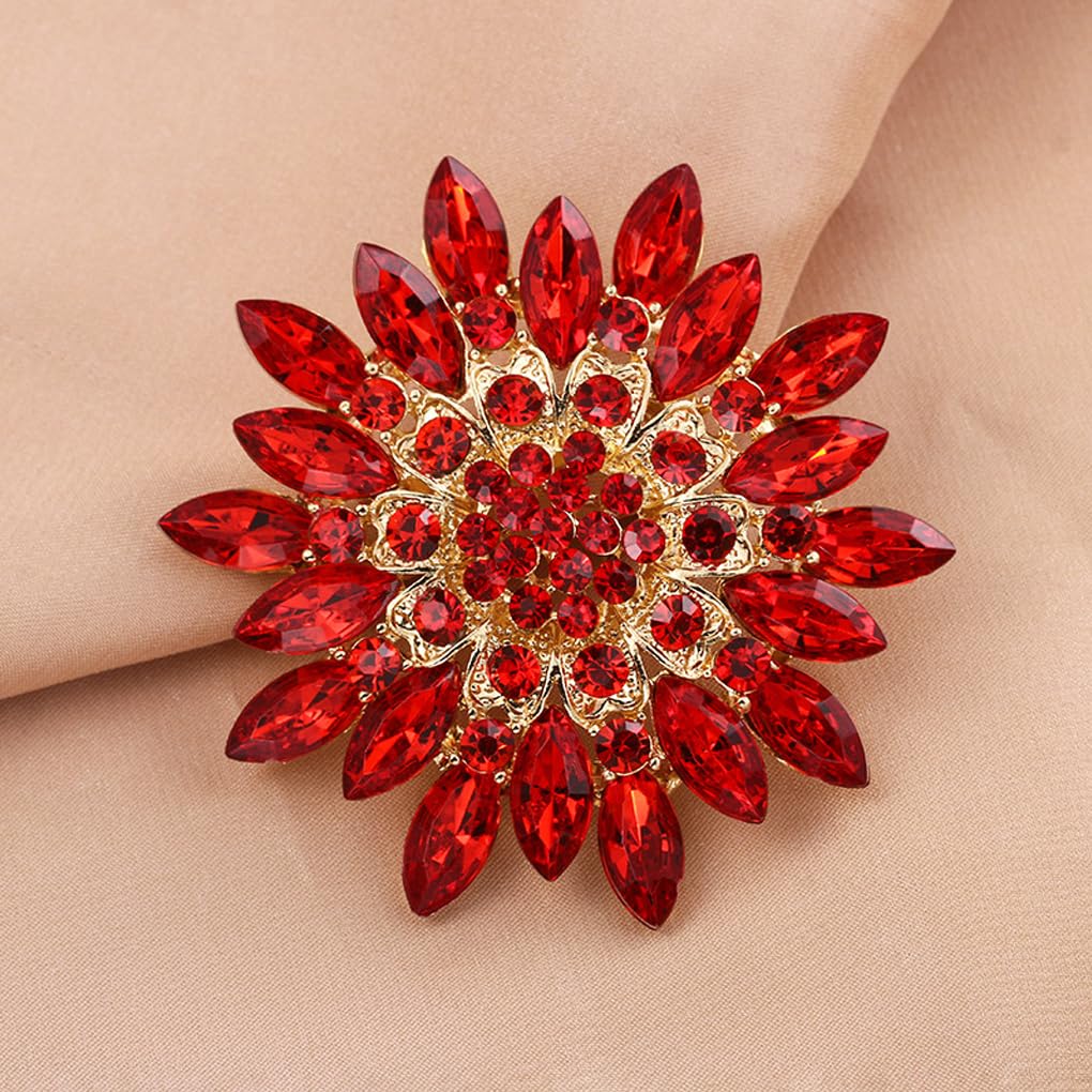 Rhinestone Large Flower Brooches Pins for Women Fashion Sparkly Crystal Sunflower Statement Brooch Wedding Party Suit Dress Formal Jewelry Accessories (red)