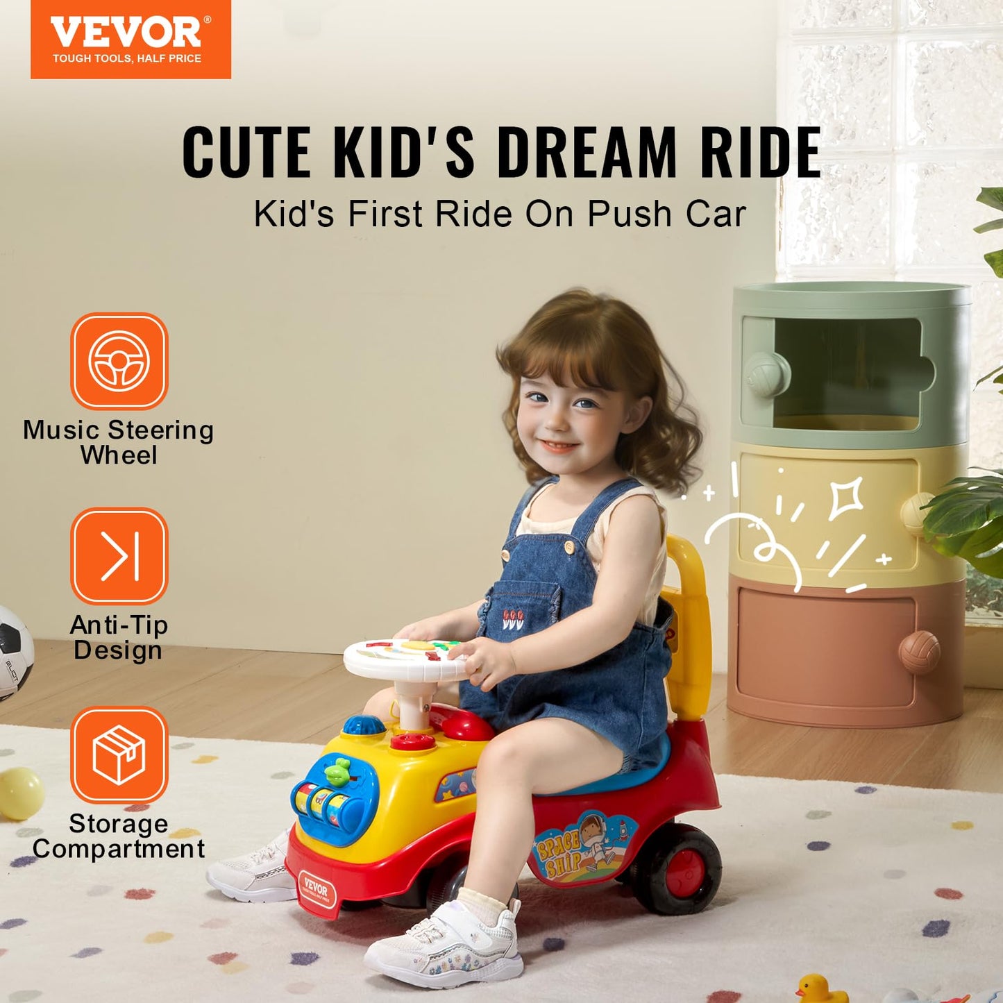 VEVOR Ride On Push Car for Toddlers, Ages 19+ Months, Ride Racer, Sit to Stand Toddler Ride On Toy, Kids Ride On Car with Music Steering, Horn & Under Seat Storage, Ride On Toy for Boys Girls,