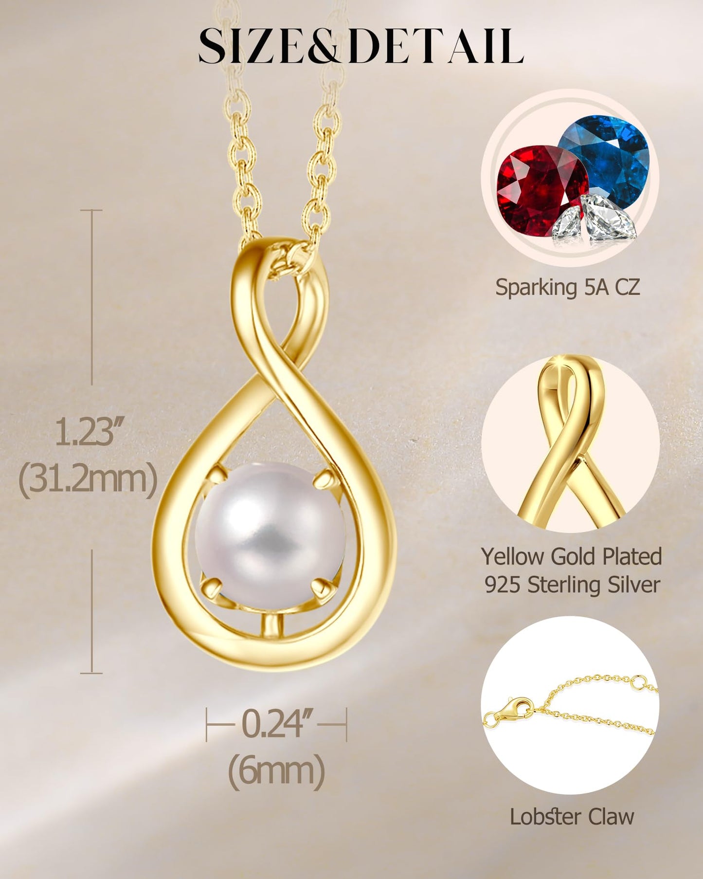 FANCIME White Pearl Necklace June Birthstone Necklace for Women, Yellow Gold Plated 925 Sterling Silver Infinity Pendant Fine Jewelry Birthday Mothers Day Gifts for Mom Daughter Her