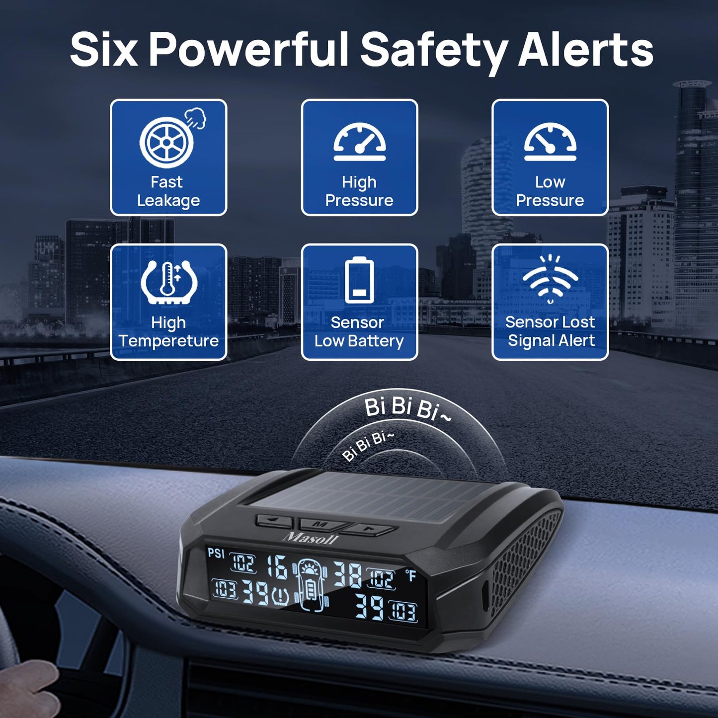 Masoll RV tire Pressure Monitoring System, Wireless TPMS Tire Pressure Monitor System with Solar Charger, RV TPMS with 4 tire Pressure Sensors & 6 Alarm Modes(0-87 PSI)
