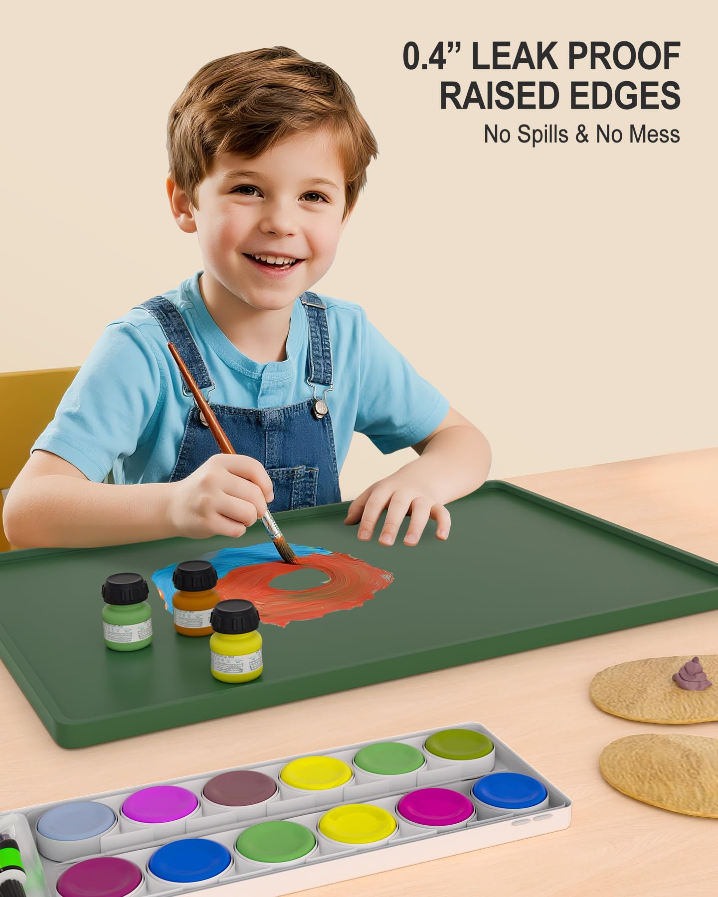 NPOOYI Silicone Art Mat for Crafts, 16" x 24" Waterproof Non-Slip Painting Mat for Kids with Raised Sides, Protects Surfaces Perfectly for Crafts, Legos, Slime, Resin, Paint & Jewelry-Making, Green