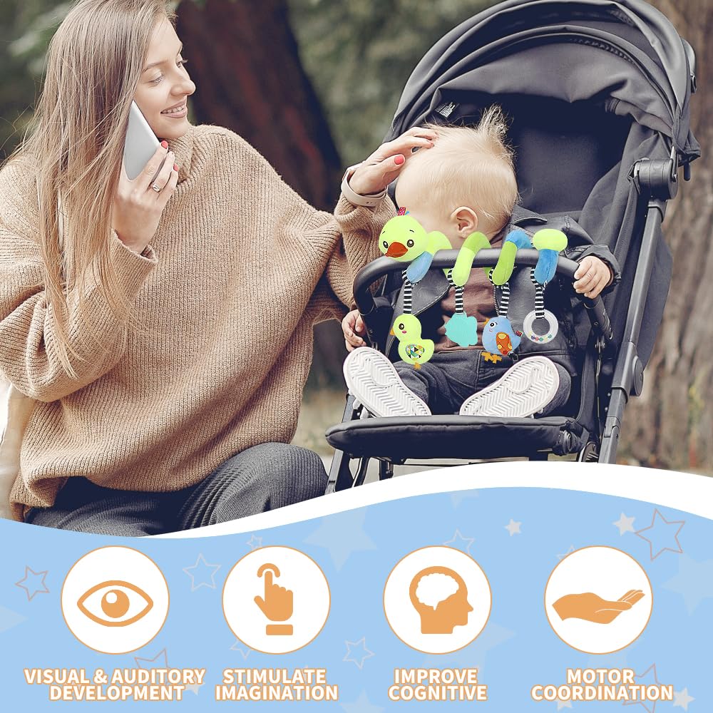 Caterbee Baby car seat Toys, Activity Spiral hangings pram Toys, Plush Crib Toys with Squeaky for boy or Girl (Duck)