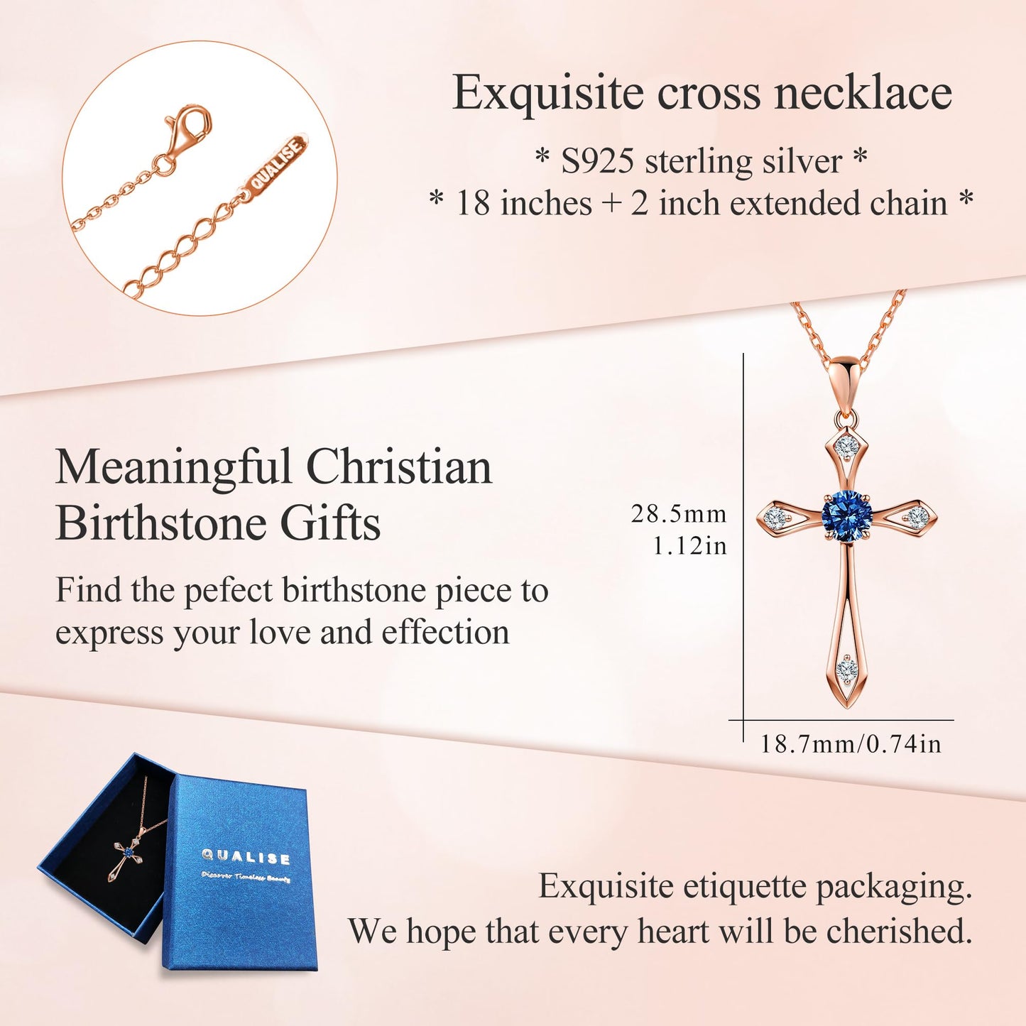 QUALISE Cross Necklace for Women,925 Sterling Silver Birthstone Necklace,Sapphire-Septermber Birthstone Cross Necklace,Faith Religious Fine Jewelry Valentines Day Gifts Birthday Holiday Gifts for Her