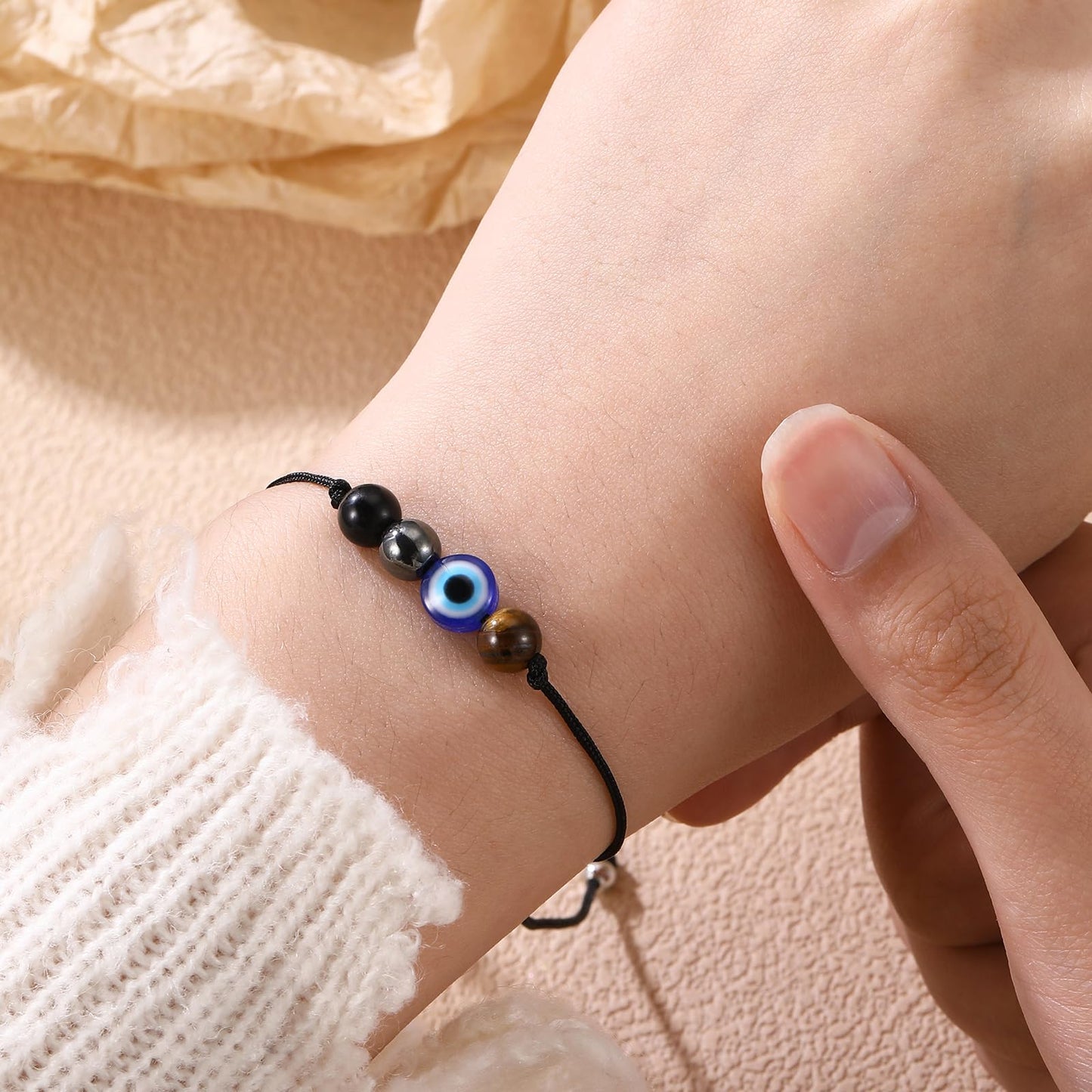 Miss Pink Evil Eye Bracelets Triple Protection Bracelet fro Women Men, Evil Eye Jewelry Triple Threat Natural Healing Crystals Beads Charm Empath Protection Chakra Bracelets Hematite Stone (TP)