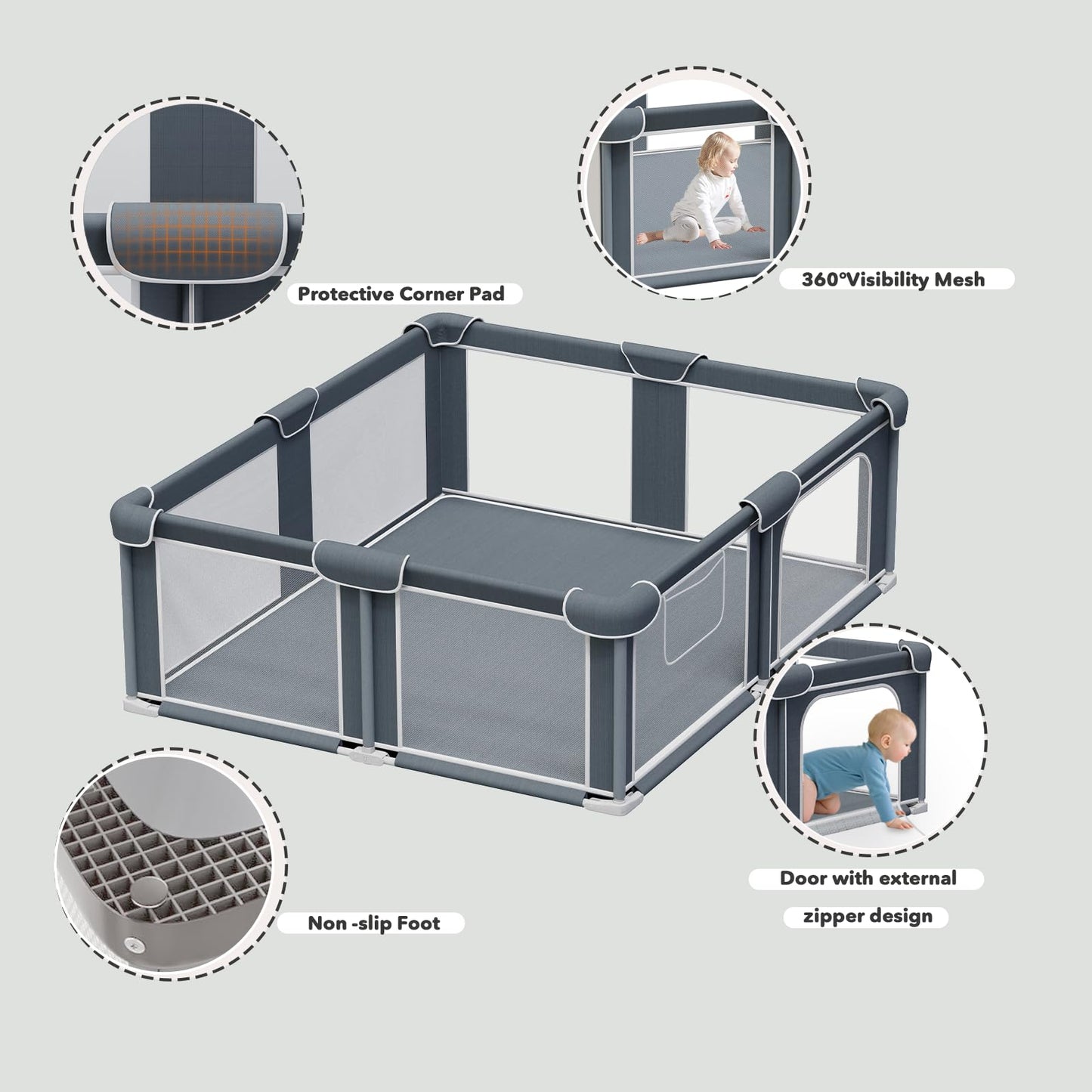 G TALECO GEAR Foldable Playpen for Babies and Toddlers, 59"x71" Portable Play Yard with Mat, Kids Collapsible Play Pen with Sturdy Metal Frame & Mesh Walls, Indoor & Outdoor Baby Fence Play Area