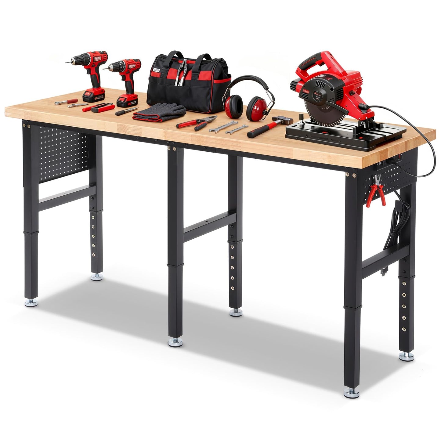 ENJOYWOOD Workbench 72 x 24 Inch Heavy Duty Adjustable Height Work Table with Power Outlets & Extended Pegboard 5000 lbs Load Capacity for Garage, Workshop, Home, Office