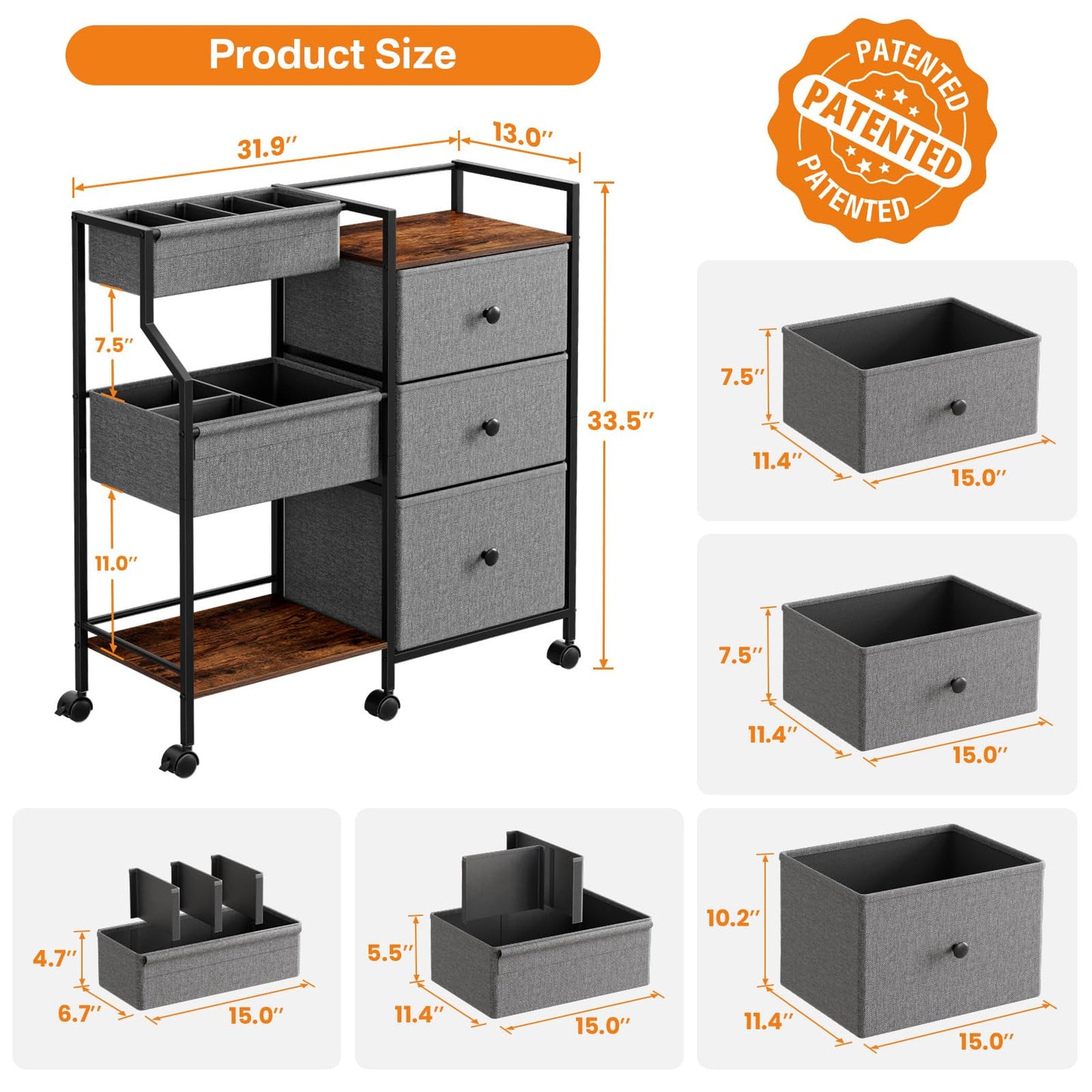 Modanais Baby Diaper Caddy Organizer Cart - 3 Tier Rolling Cart with Dividers and Drawers, Easy To Assemble, Mobile Utility Cart with Wheels for Nursery, Bedroom, Changing Table & Crib