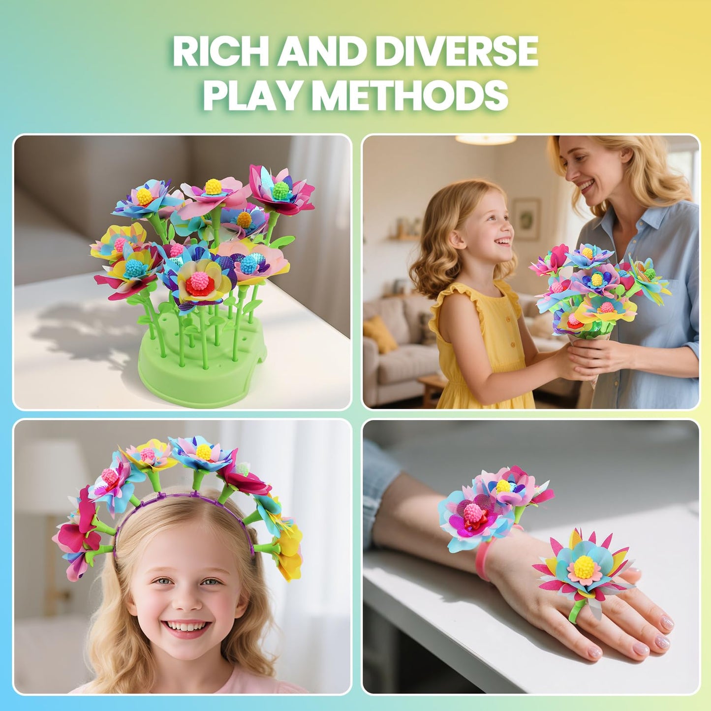 Flower Craft Kit for Kids Ages 4-8 – DIY Fabric Bouquet Toy for Girls and Boys – No Glue Reusable STEM Gift – Make 32+ Flowers – Birthday Arts & Crafts Activity