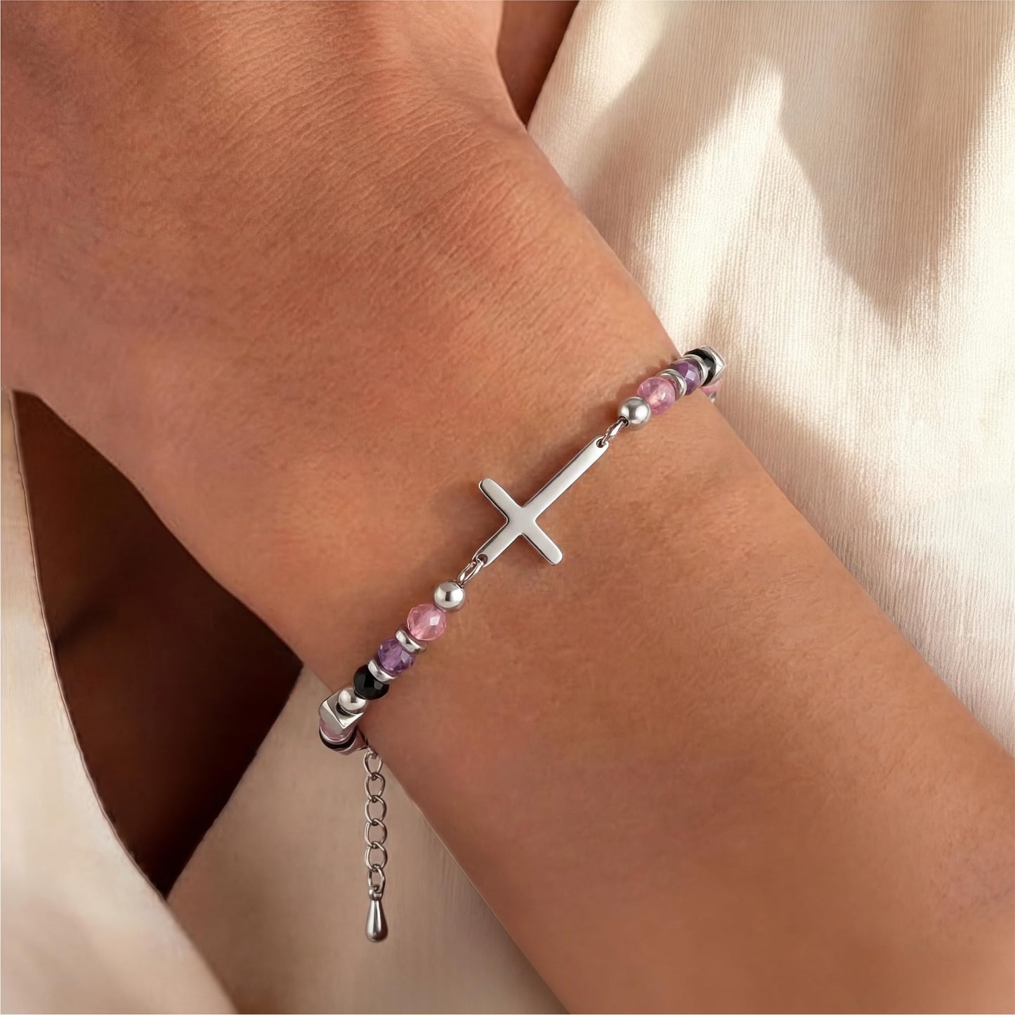 Mother's Day, Birthday, Valentine's Day, Christmas, Easter Gifts for Mom – Dainty Christian Cross Bracelet, Anxiety Relief Jewelry for Women, Adjustable Crystal Beaded Bracelet