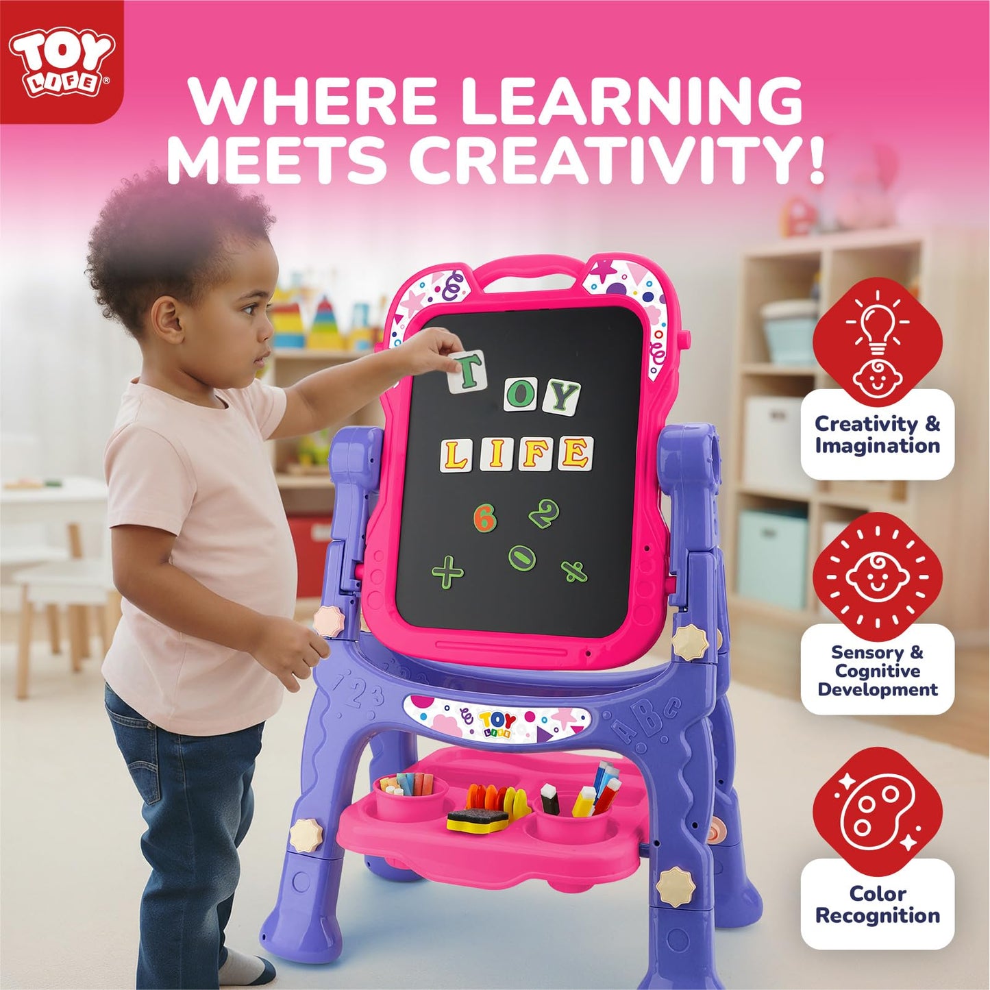 STEAM Life Art Easel for Kids, Double-Sided 4In1 Toddler Easel with Rotable Magnetic Chalkboard & White Drawing Board, Height Adjustable with Magnetic Letters & Numbers Gifts for Boys and Girls