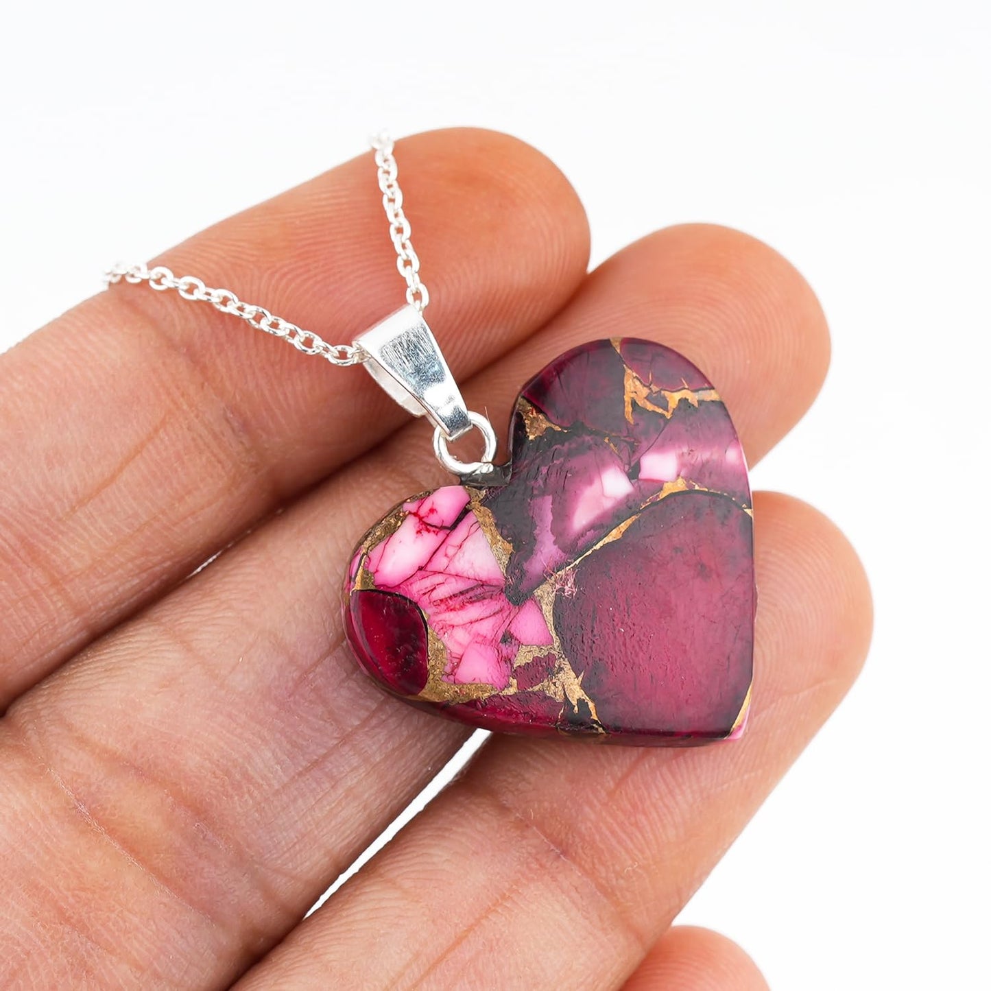 Yashee Natural Red Dahila Oyster Turquoise Heart Shape Crystals Pendant Necklace, Chakra Energy Healing Gemstone, Real Crystal, Top Grade, Beautiful Women Simple Jewelry