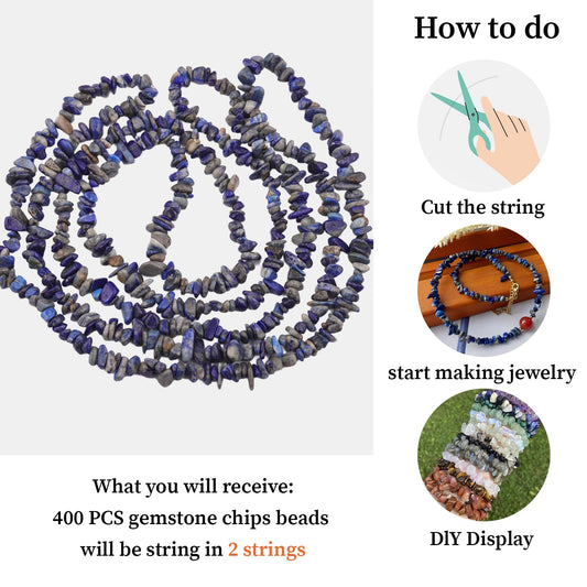 400pcs Natural Chip Stone Beads for Jewelry Making Lapis Lazuli 5-8mm Irregular Gemstones Healing Crystal Loose Rocks Bead Hole Drilled for Ring Earrings Necklace Bracelet Making DIY Art Crafts