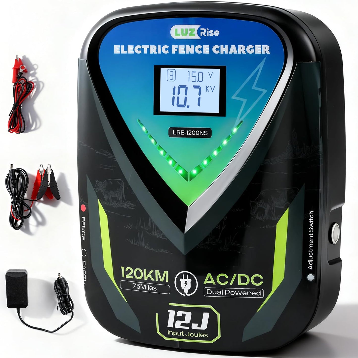Luzrise 12J Electric Fence Charger AC DC 2 in 1 Powered Supply Fence Controller Fence Energizer Electric, IPX6 Level Waterproof, Peak Voltage 10KV, Max 120KM Range for Livestock/Farmland/Garden (12J)