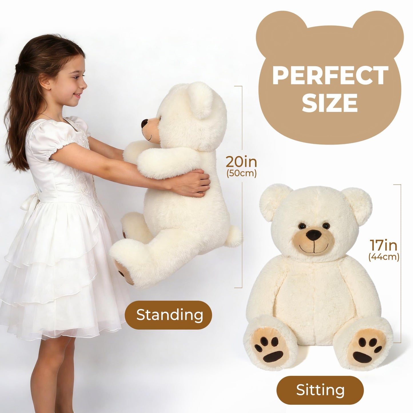 LotFancy Teddy Bear Stuffed Animals, 20 inch Soft Cuddly Cute Plushies, Plush Toys with Footprint Design, Stuffed Animals for Girls Kids Baby Toddlers, Baby Shower Easter Birthday Gift Decor, Beige