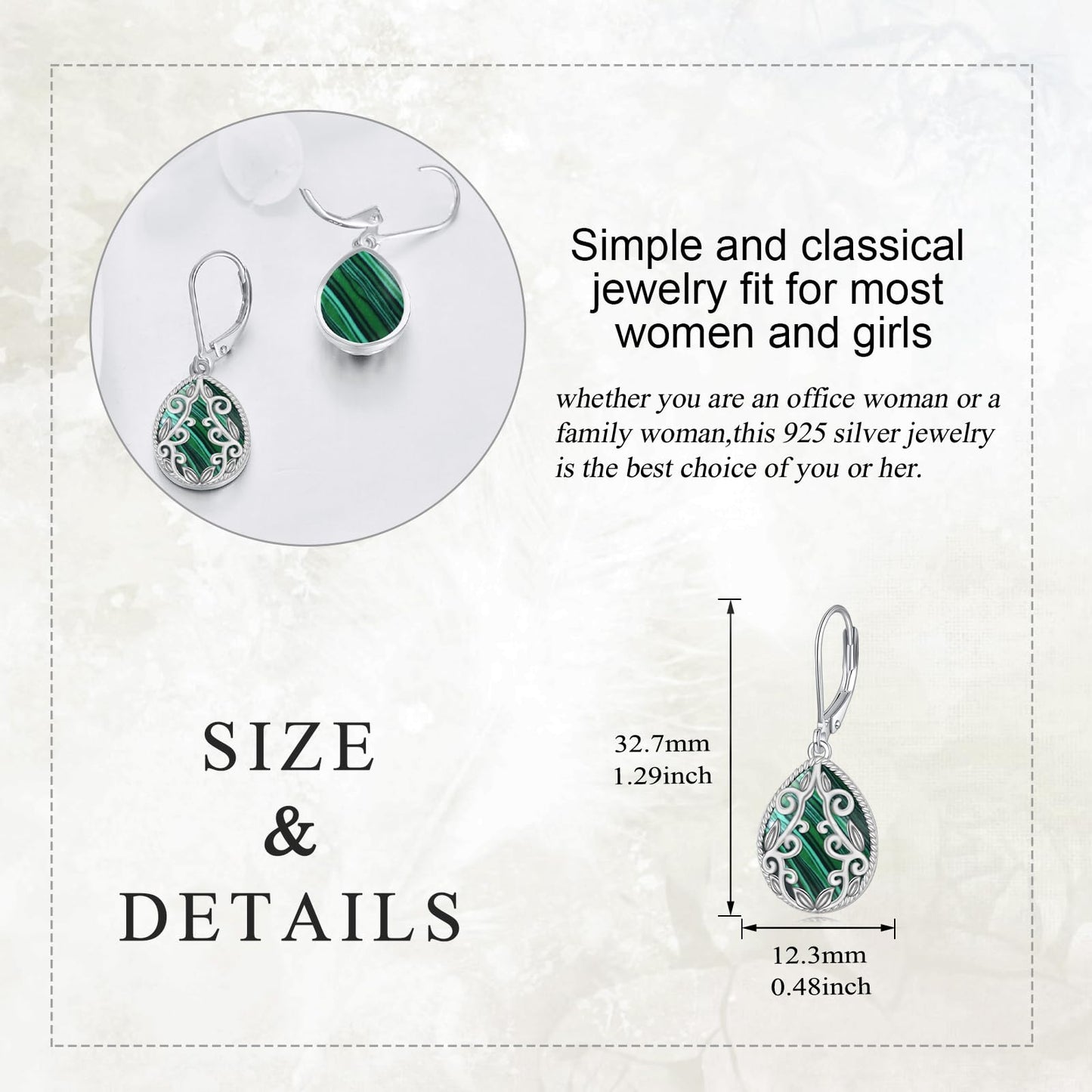 Malachite Dangle Earrings for Women 925 Sterling Silver Malachite Dangle Drop Filigree Teardrop Earrings Jewelry Gifts for Women