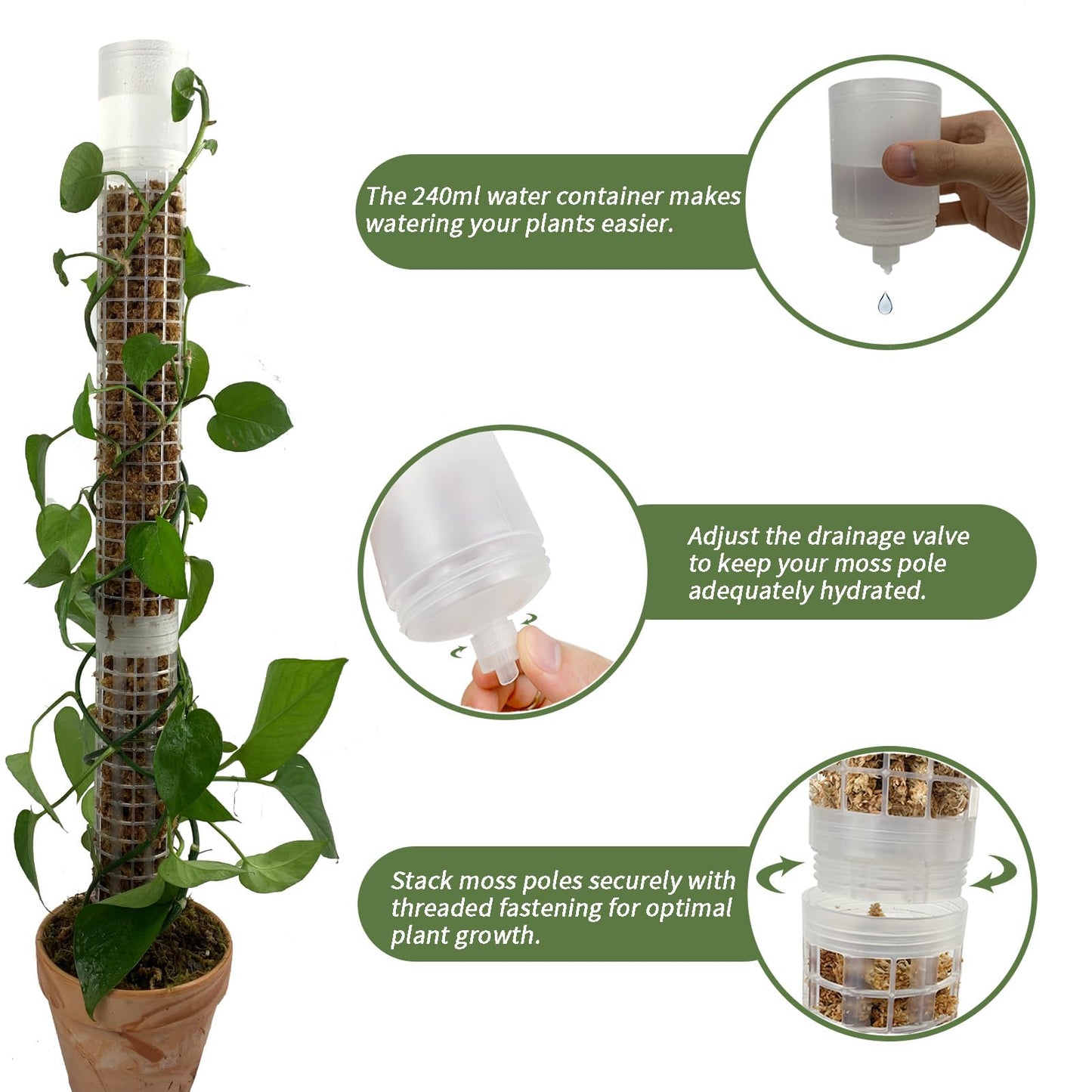 JEGU Self-Watering Moss Pole for Monstera Plant Support, 18.8 Inch Stackable Plastic Moss Pole for Climbing Plants. (2PACK-Lagre)