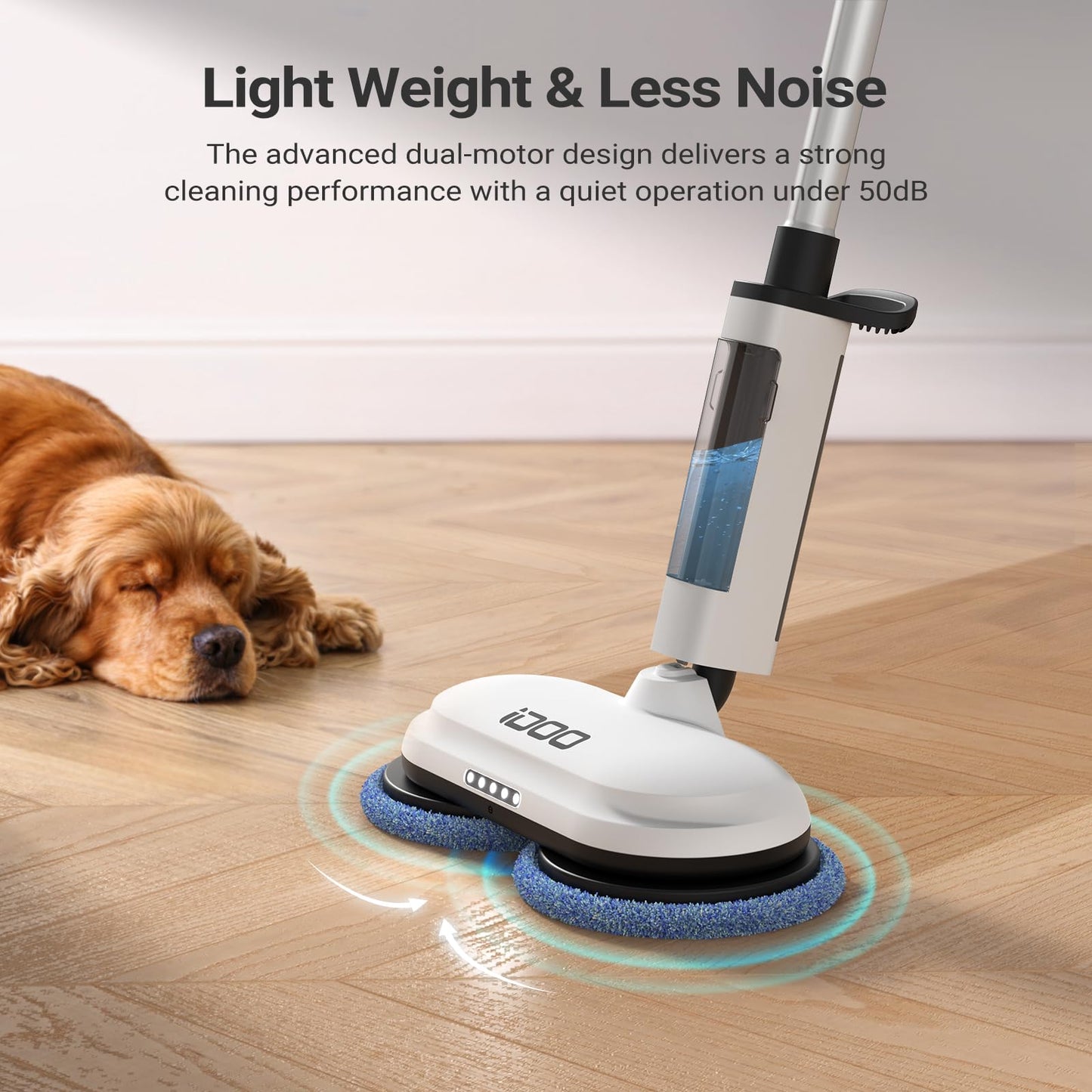 iDOO Electric Cordless Spin Dust Mop, Electric Mops for Floor Hardwood Tile Cleaning with Sprayer & LED Headlight, Rechargeable Dual-Motor, Quiet Self Propelled, Water Tank 4 Replaceable Heads, White