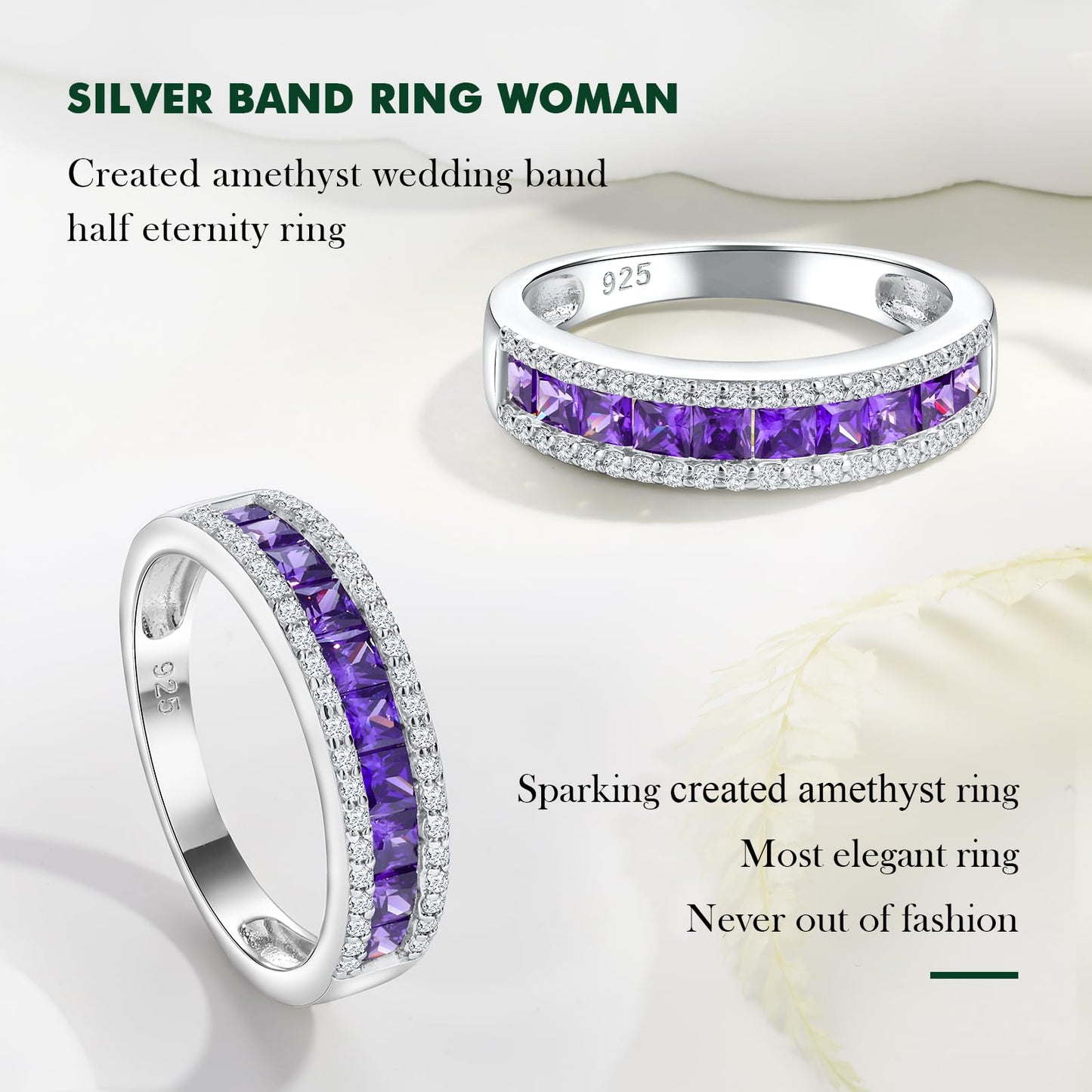 RANDES Amethyst Band Rings for Women February Birthstone Ring 925 Sterling Silver Channel Set Princess Cut Purple Stone Ring Size 7
