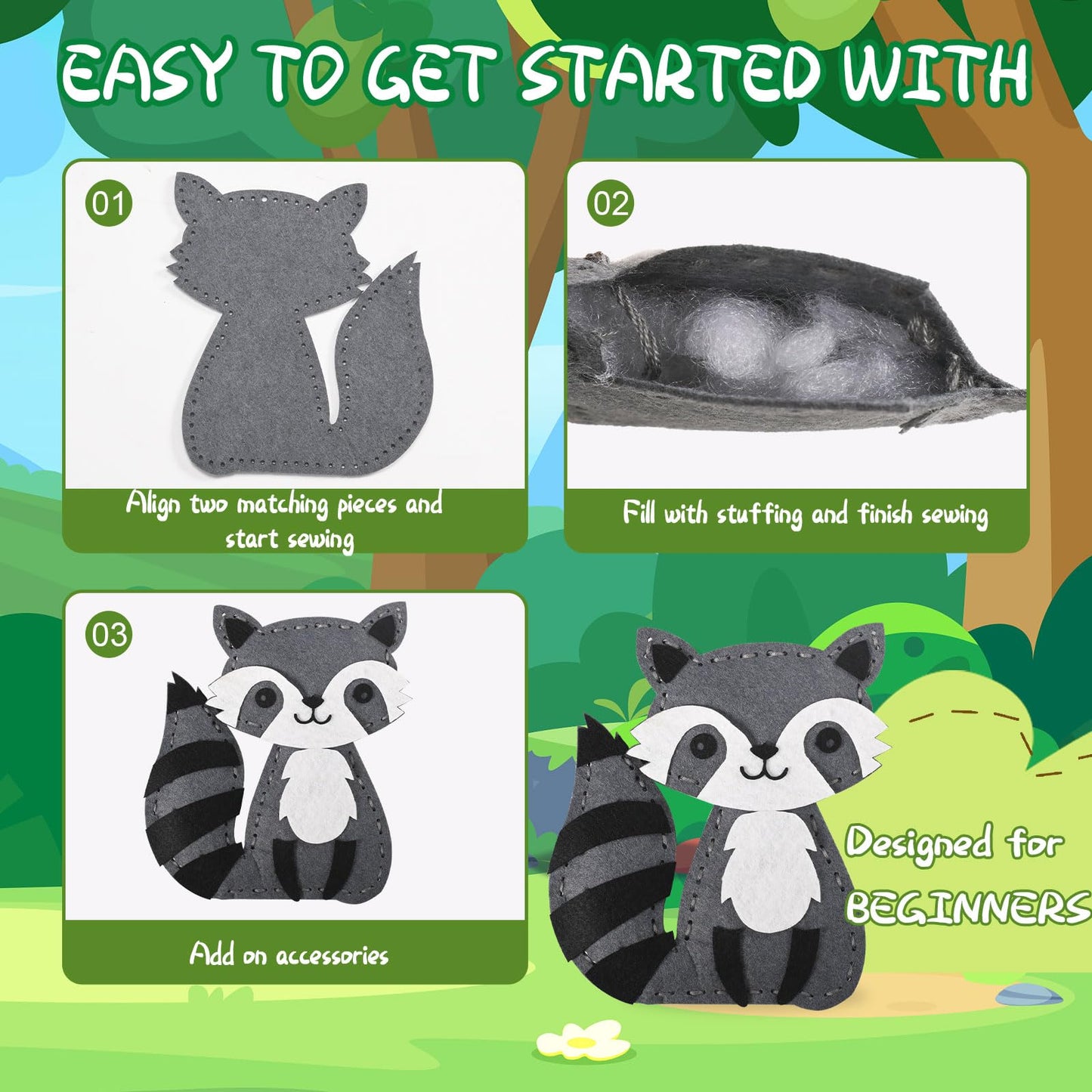GOASION Sewing Kit for Kids, Woodland Animals Kids Sewing Kit, Pre Punched Design for DIY Hanging Decorations, Sewing Tit for Beginners Age 8-12, Boys & Girls Birthday Gift