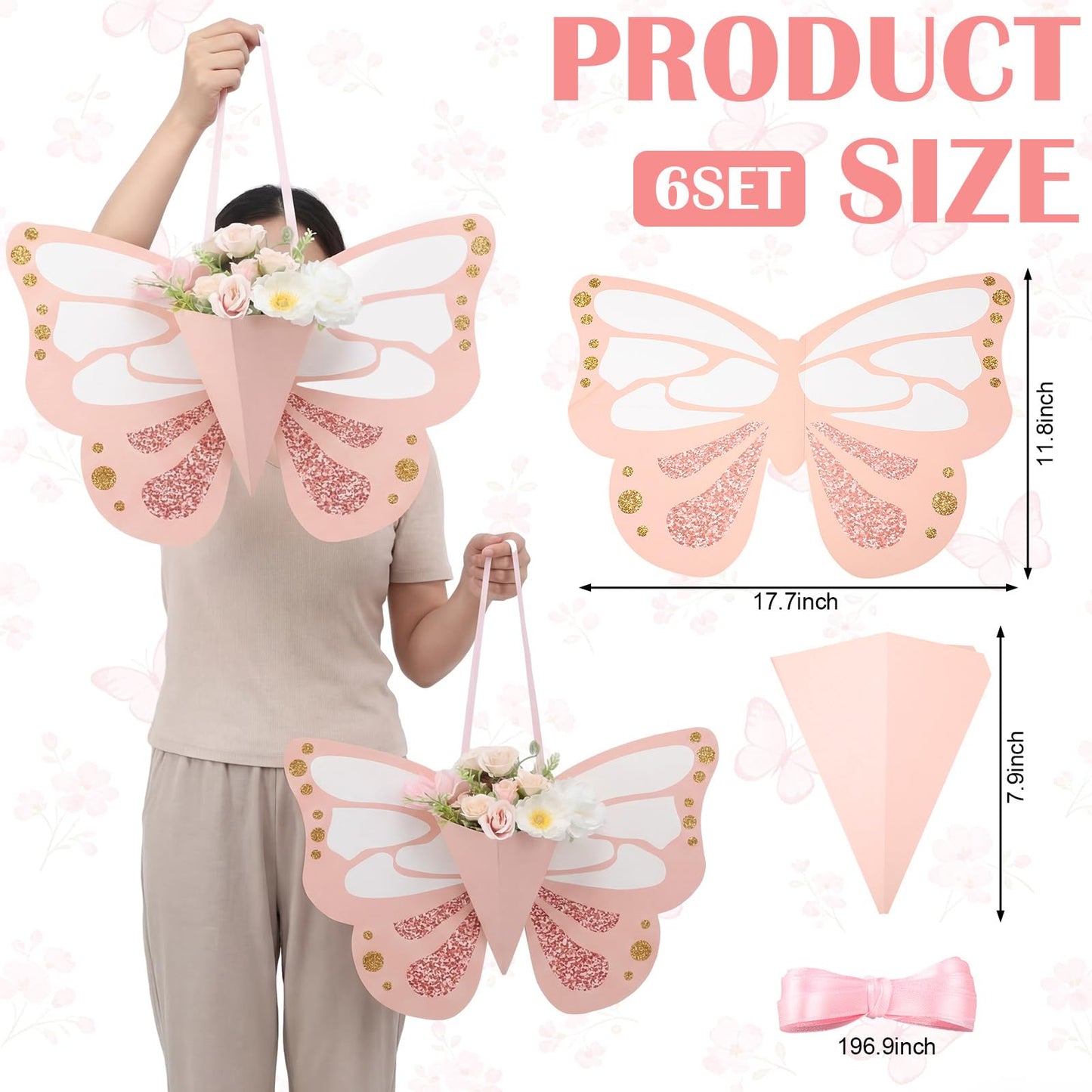 Tenceur 6 Pcs Flower Gift Bags DIY Butterfly Flower Bouquet Bags with Ribbon Pink Butterfly Shape Floral Wrapping Paper for Summer Birthday Wedding DIY Gift Bouquet Wrapping Party Supplies