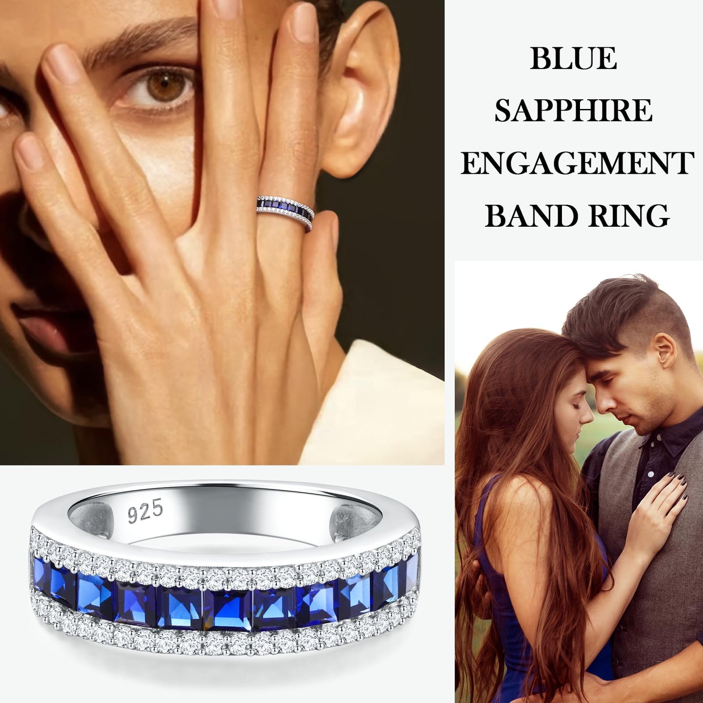 RANDES Eternity Band Rings for Women 925 Sterling Silver Created Blue Sapphire Channel Set Princess Cut Engagement Ring Size 6