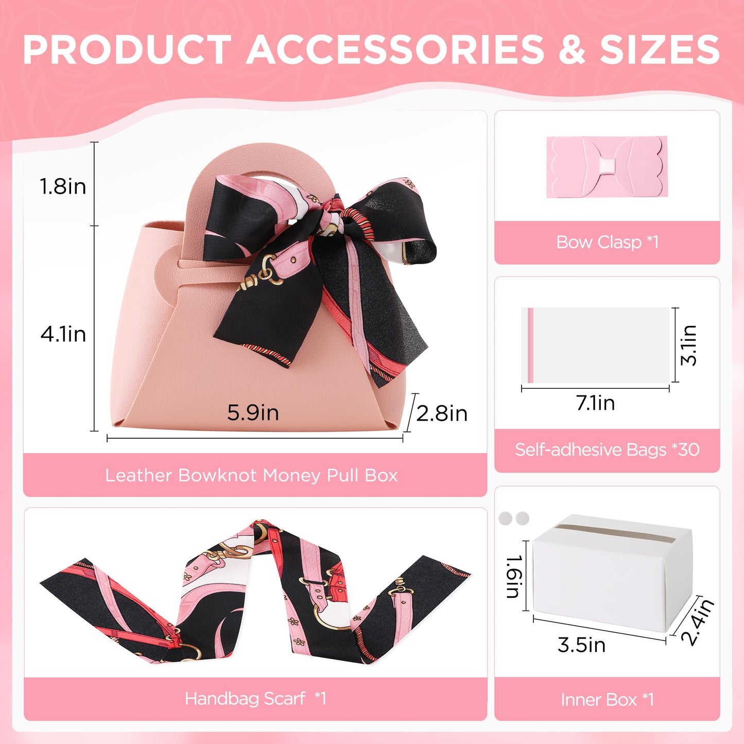 Vane Oak Money Pull Box for Cash, Surprise Money Boxes with Ribbon Leather Mini Bags with 30 Pcs Transparent Bags for Birthday Party Christmas (Pink)