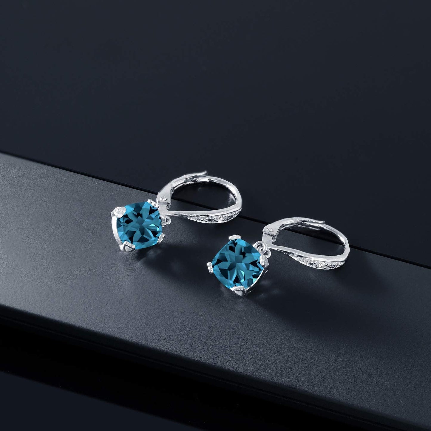 Gem Stone King Drop Dangle Earrings For Women | 7MM Cushion Cut Gemstone Birthstone and Diamond | 925 Sterling Silver | Jewelry Gift for Mom Wife Her | London Blue Topaz-November | Sterling Silver