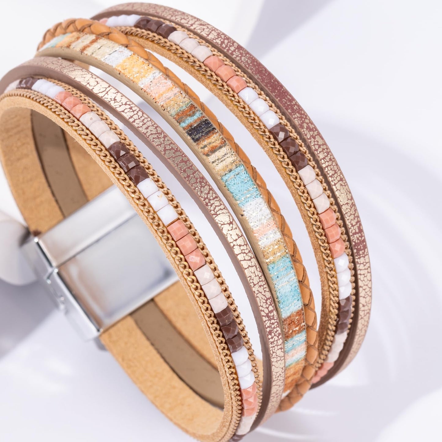 Becklynn Boho Leather Wrap Bracelets Beaded Crystal Stackable Cuff Bracelet with Magnetic Clasp Cowboy Cowgirl County Concert Outfits Western Jewelry Gifts for Women(Double Layer Brown)