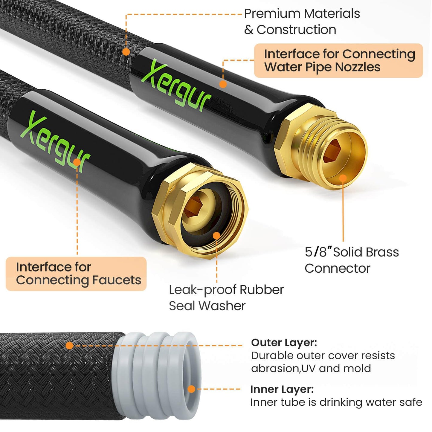 Flexible Garden Hose Water Pipe - 25FT Lightweight Garden Water Hose, Portable Patio Hose with Solid Brass Fittings and Double Latex Core for Pet Washing, Black
