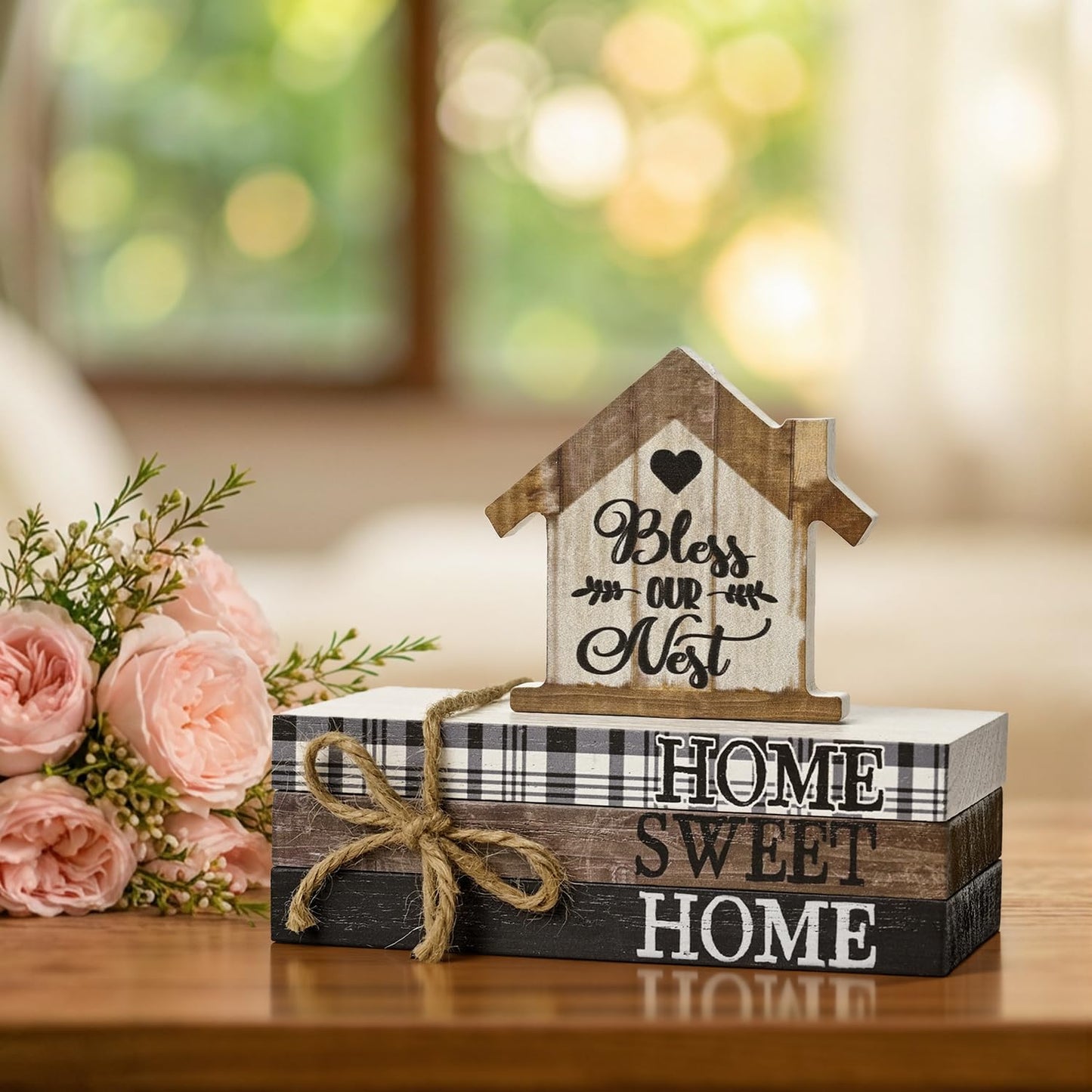 Smile Farmhouse Wooden Tabletop Decor Rustic Home Sweet Home Table Centerpiece, Block Sign Tiered Tray Decoration for Kitchen Shelves Desk Mantel