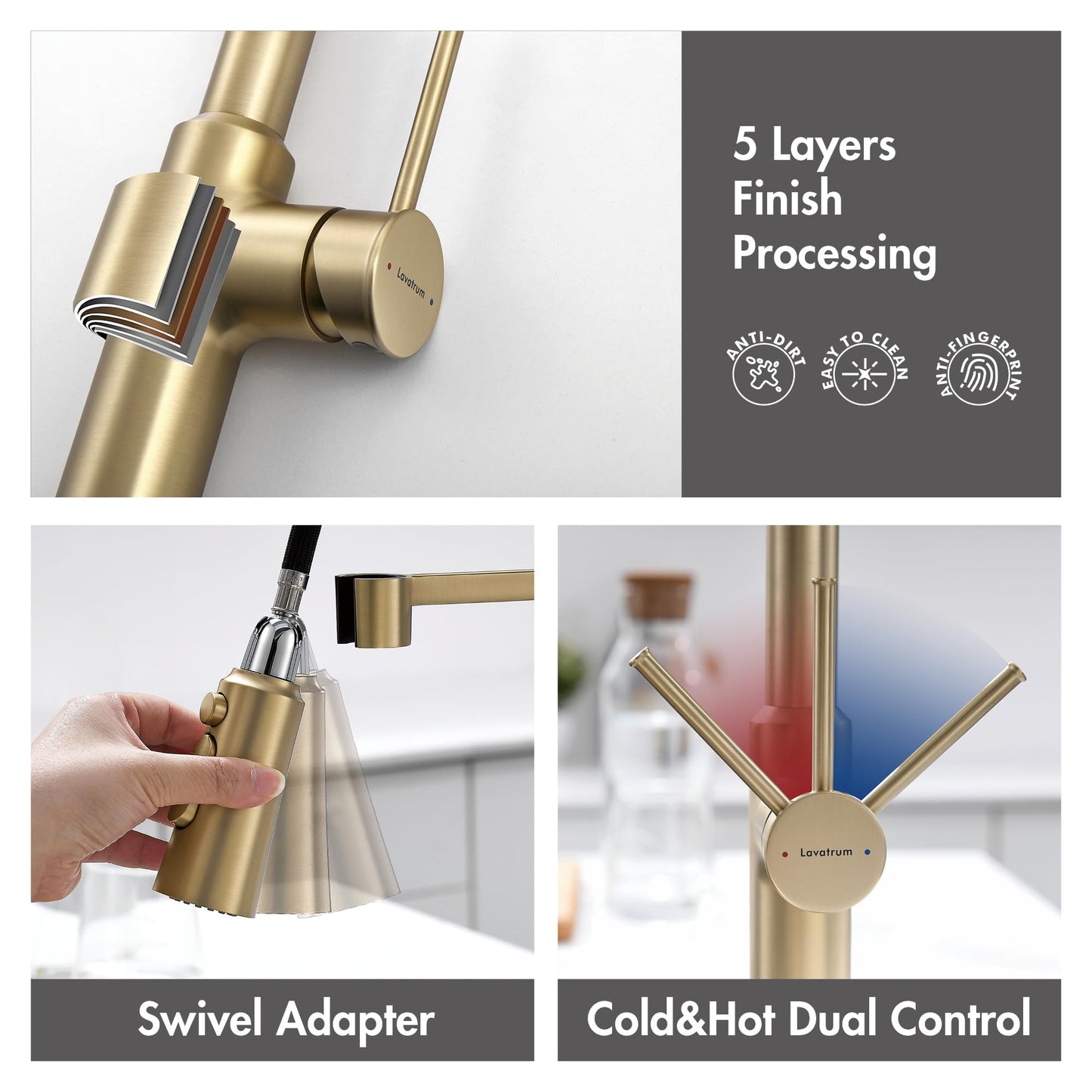 Lavatrum 22‘’ Extra-Tall Brushed Gold Kitchen Sink Faucets, Commercial High Arc Single Handle Kitchen Faucets for Pull Down Sprayer Modern Spring with Deck Plate 22 inch