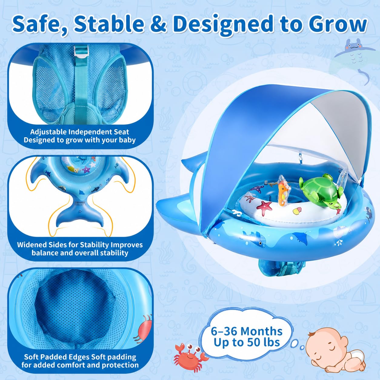 Inflatable Baby Pool Float with Sun Canopy, UPF50+Sun Protection, Portable & Easy to Store, Padded Safety Seat with, Includes Air Pump, with Toys Baby Swim Float for 6-36 Months Boys & Girls(Blue)
